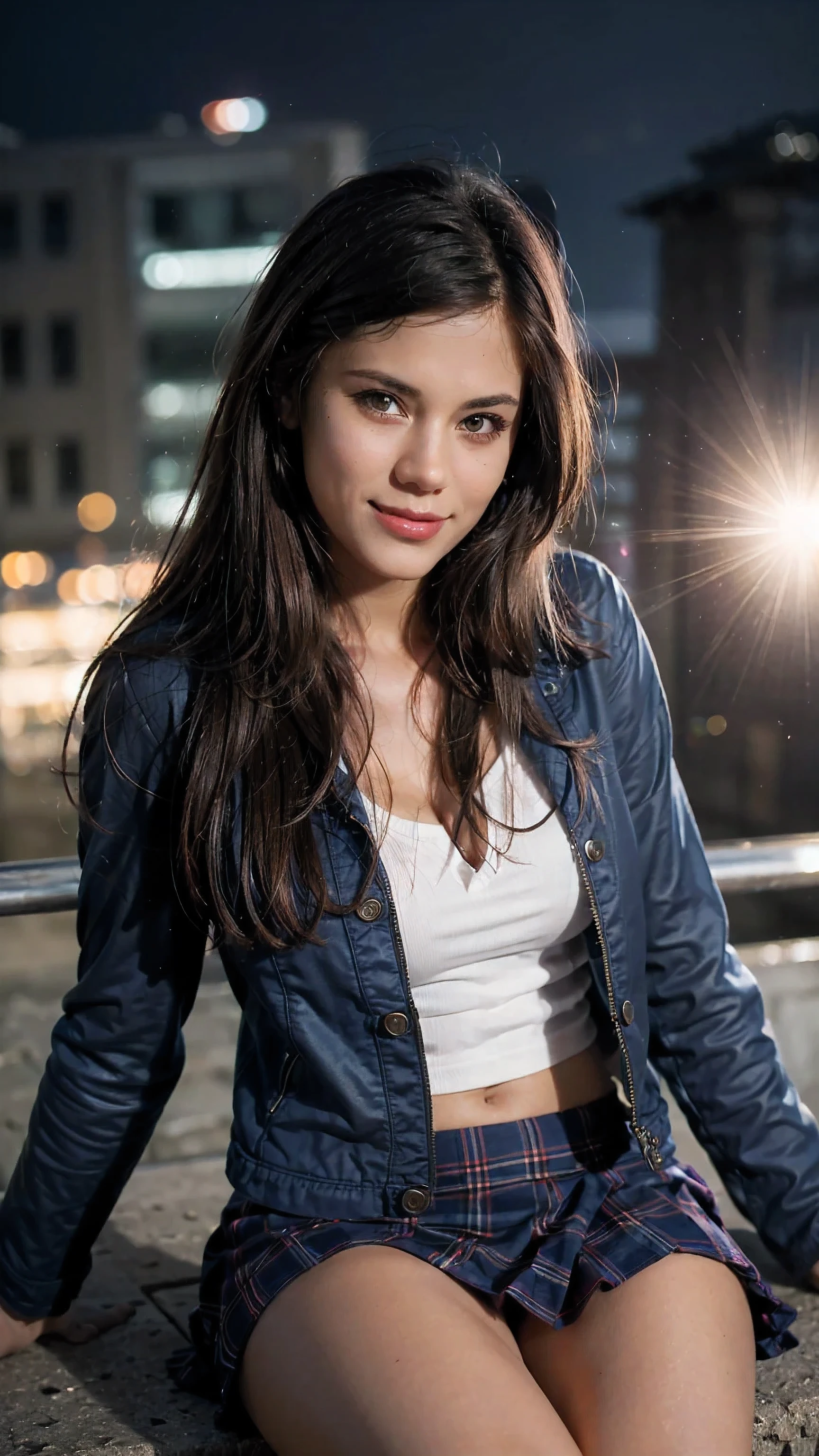 concept:A portrait of a beautiful woman。little_Caprice, quality:(highest quality, 4K, High resolution, masterpiece:1.2), Super detailed, (real, photorealistic:1.37), lightning:cinematic light, Bright colors and mesmerizing effects, Soft and delicate lightning, Soft shine, Lens flare, Subject information:alone, ((young woman)), (narrow eyes), (small face), (high detailed leather:1.2), long eyelashes, bright lips, (bionde, long wavy hair, Blue eyes), slim body shape:1.4, Highly detailed face and skin texture, (happy smile:1.2), facing the front:1.2, Posing for a photoshoot, (((high school uniform:1.2, dark blue jacket, open jacket, White shirt, deep blue plaid skirt, seductive thighs))), Other details:after school:1.5, sit on the stairs:1.2, beautiful skin, shiny skin, perfect fingers, five fingers, anatomically correct, background bokeh, Lens flare, 500㎜, f/4, Photoshoot,