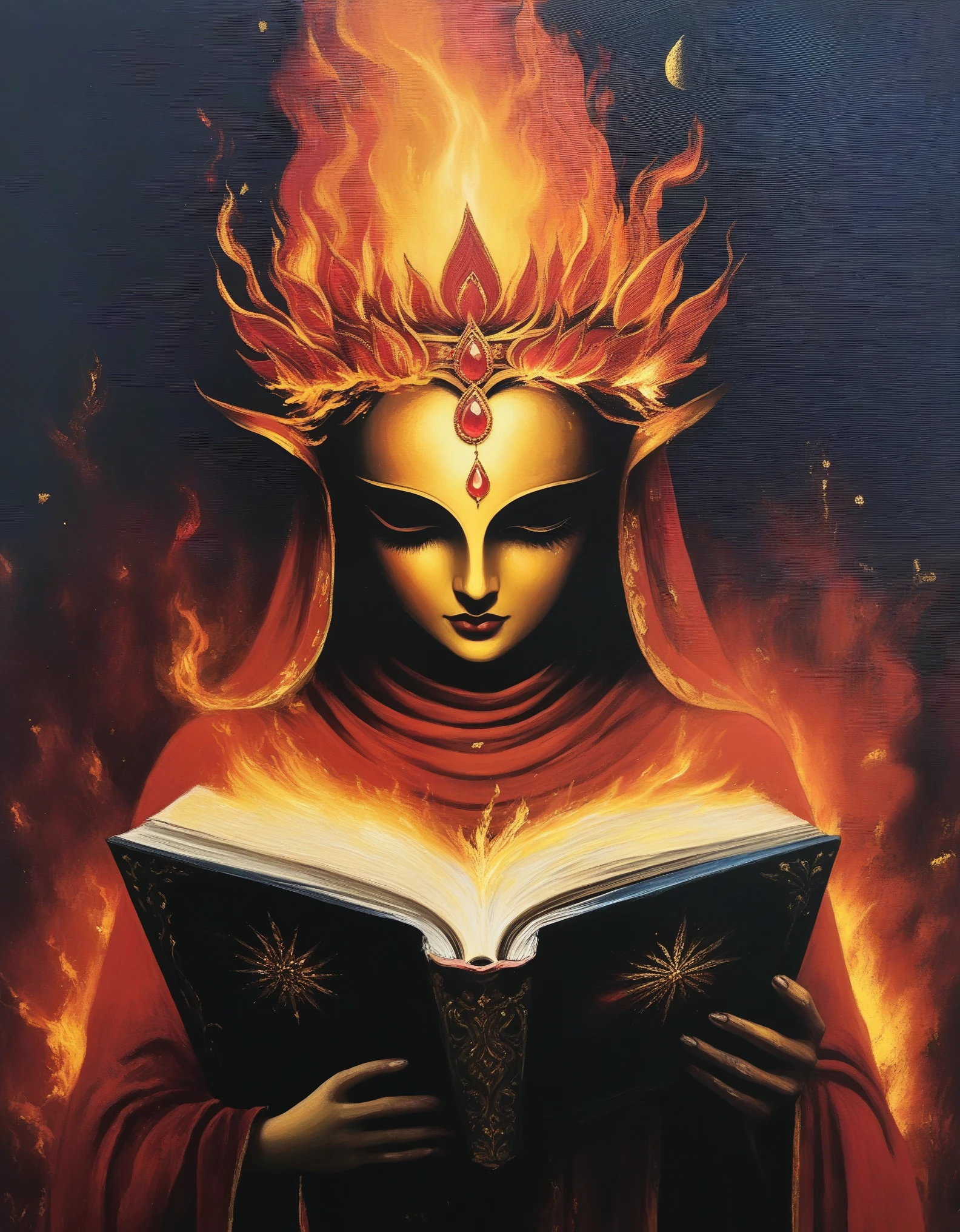 deity of fire reading a book, novuschroma64 style 