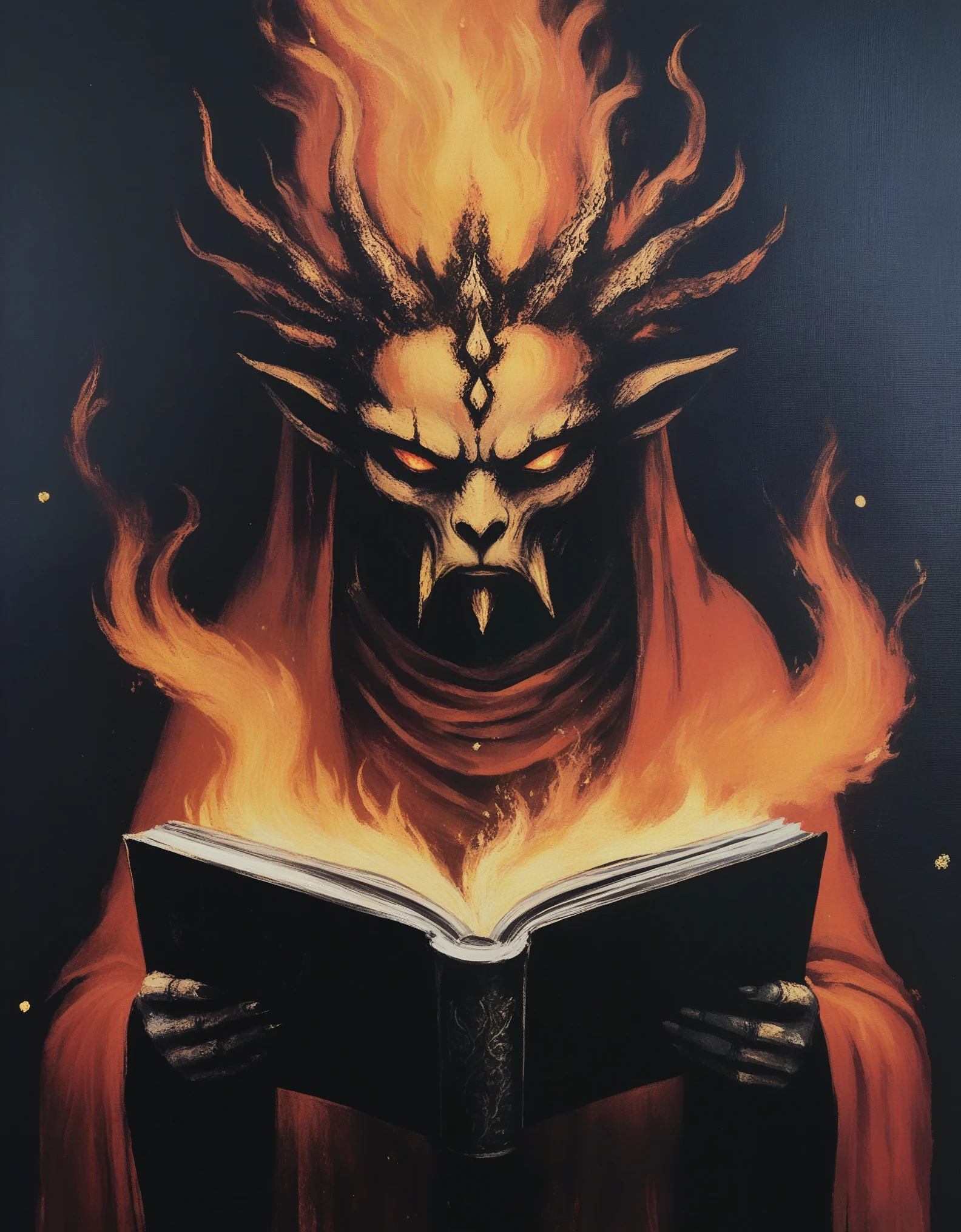 deity of fire reading a book, novuschroma64 style 