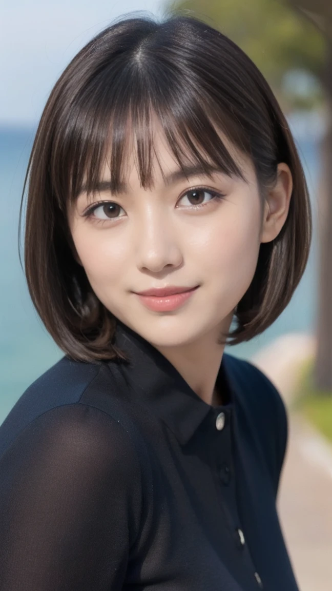 ((Standing on a hill overlooking the sea)),(masterpiece)、(Highest quality:1.5)、(Photorealistic:1.2)、(Surreal), (High resolution), (Realistic), (Post-processing),(Sharp focus), Sharp focus:1.2,Backlight, (Improvement of quality:1.4), (Narrow waist)、((Perfectly detailed five-fingered hands)),(Anatomically correct body)、((1 female:1.4))、Japanese、Realistic Skin、(Small chest:1.4)、Bust size is A cup、A pretty woman with a slender figure:1.4,(from the front:1.5), (Enhances the beauty of skin texture:1.1),No makeup、美しいBlack Hair、smile、Natural color lip、(Small Mouth:1.4)、The mouth is not open、Thick lips、(Oval Face)、Even bangs、Hide eyebrows with bangs、((33-year-old woman))、Bob Hair、Hair blowing in the wind, (Black Hair, Iris, Watery eyes, Shining Eyes, Bob cut hair,), Hair behind the ear、No makeup、(Drooping eyes)、(((One lovely woman)),((優しい大きなsmile)),(( Small breasts,Small breastsの谷間)),((((Plump Cheeks)))),very cute,(Baby Face),Raccoon face,