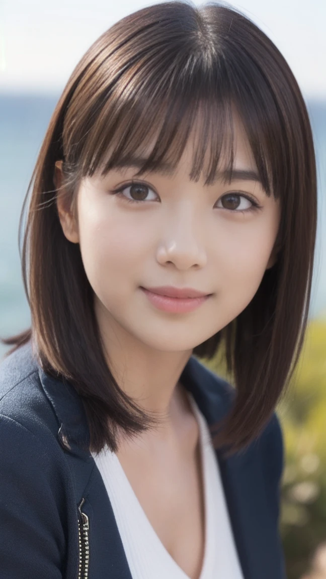 ((Standing on a hill overlooking the sea)),(masterpiece)、(Highest quality:1.5)、(Photorealistic:1.2)、(Surreal), (High resolution), (Realistic), (Post-processing),(Sharp focus), Sharp focus:1.2,Backlight, (Improvement of quality:1.4), (Narrow waist)、((Perfectly detailed five-fingered hands)),(Anatomically correct body)、((1 female:1.4))、Japanese、Realistic Skin、(Small chest:1.4)、Bust size is A cup、A pretty woman with a slender figure:1.4,(from the front:1.5), (Enhances the beauty of skin texture:1.1),No makeup、美しいBlack Hair、smile、Natural color lip、(Small Mouth:1.4)、The mouth is not open、Thick lips、(Oval Face)、Even bangs、Hide eyebrows with bangs、((33-year-old woman))、Bob Hair、Hair blowing in the wind, (Black Hair, Iris, Watery eyes, Shining Eyes, Bob cut hair,), Hair behind the ear、No makeup、(Drooping eyes)、(((One lovely woman)),((優しい大きなsmile)),(( Small breasts,Small breastsの谷間)),((((Plump Cheeks)))),very cute,(Baby Face),Raccoon face,
