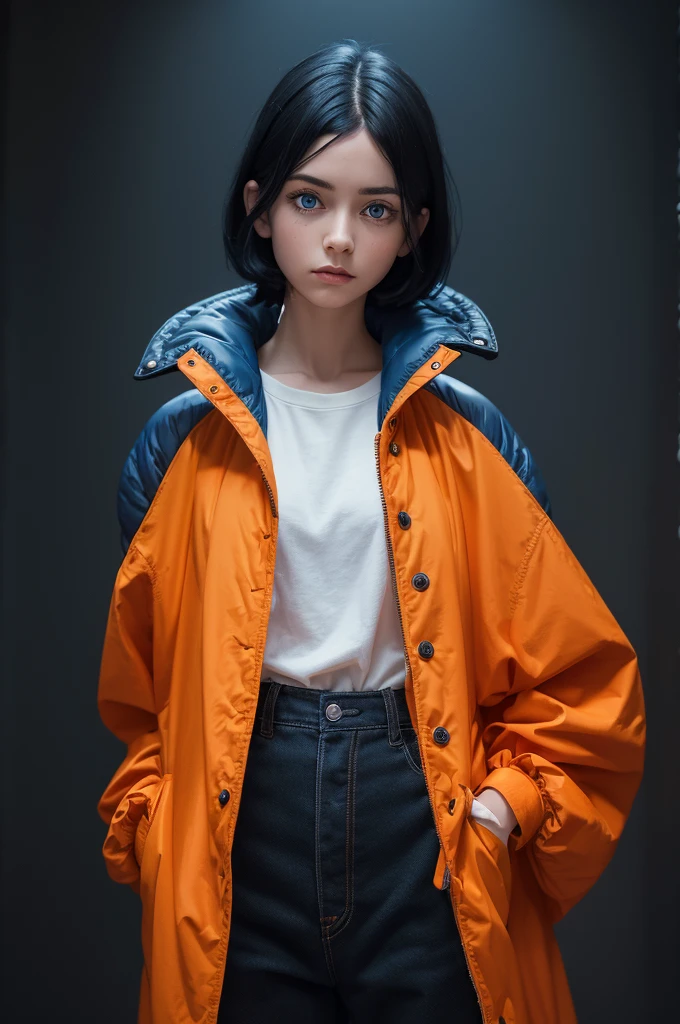 Young Coraline, with dark black hair with Chanel on her shoulders, full orange raincoat closed, Blue color pants, pele caucasiana, light blue eyes, ((dark image)),
Quality of (1980)