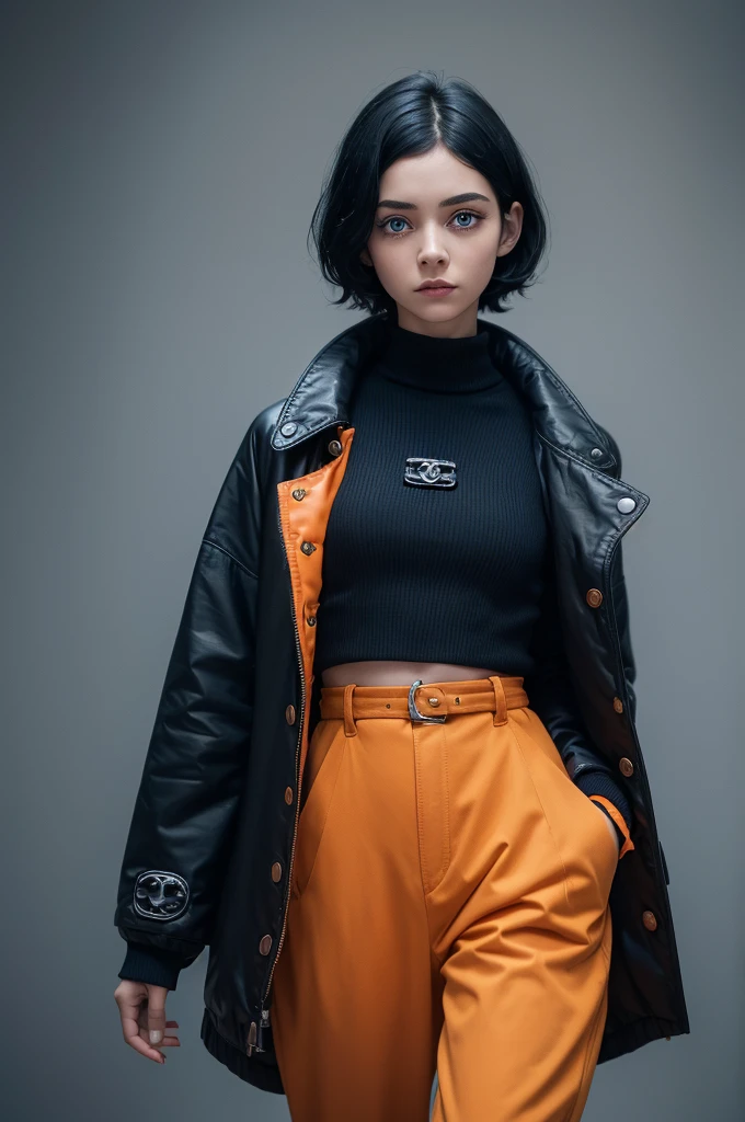 Young Coraline, with dark black hair with Chanel on her shoulders, full orange raincoat closed, Blue color pants, pele caucasiana, light blue eyes, ((dark image)),
Quality of (1980)