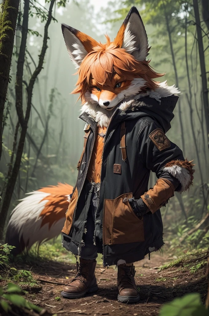 Create a furry fox with torn clothes and destroyed in the middle of the forest, he is a hunter with old and well-destroyed clothes, The fantasy's eyes are slit showing its face, he has a scar on his eyes, No eyes, eyes out