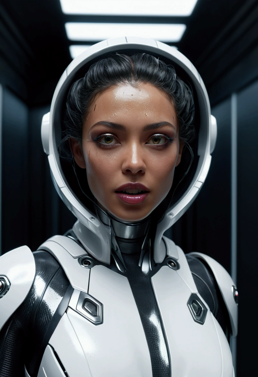 a highly detailed and realistic cyborg humanoid woman, metallic black mouth and teeth, inside a futuristic white spacecraft hallway, cinematic dramatic lighting, hyper realistic, 8k, photorealistic, masterpiece, concept art, (best quality,8k,hyperrealistic,realistic:1.4),(cinematic dramatic lighting:1.2),(hyper detailed:1.2),incredibly detailed, intricate details, hyperrealistic, photorealistic, physically-based rendering, extremely detailed, studio lighting, sharp focus, ultra-detailed, insanely detailed, cinematic composition, science fiction, dark futuristic, advanced technology, moody atmosphere, chiaroscuro lighting