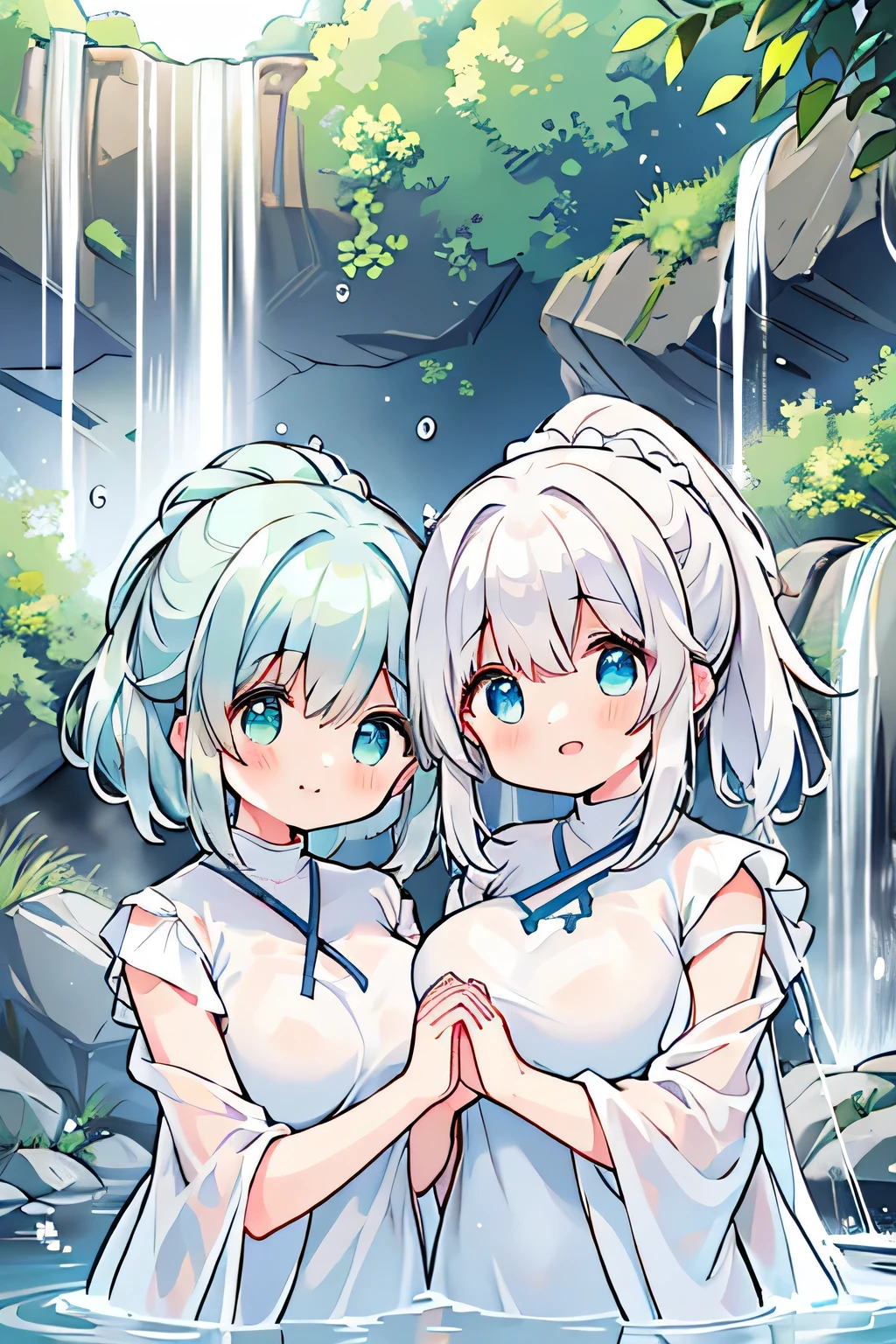 Highest quality、High resolution、Detailed Background、Artistic、(Beautiful face in every detail:1.4)、Anatomically correct、(Normal number of fingers:1.2)、Highly detailed face、Detailed eyes、age beauty、(Huge breasts:1.2)、Perfect body line、Light color hair、Bobcut、ponytail、well-groomed eyebrows、cute gesture、Natural beauty、Deep green mountains、Under the cold winter sky、A secluded waterfall。Roar and splash、Show only the upper body、Accentuate your cleavage、The fabric is transparent and emphasizes her breasts、The fabric is transparent and the skin is visible、A big smile、
(Two girls wearing white cloths and praying with their hands together are being showered by the waterfall.:1.5)、
clear々In the quiet mountain stream、I am trying to do waterfall training.、As the cold water splashes up、He stands there, breathless and excited.、While brushing back her wet hair、Even though they are shivering from the cold, they have a look of accomplishment on their faces.、cute