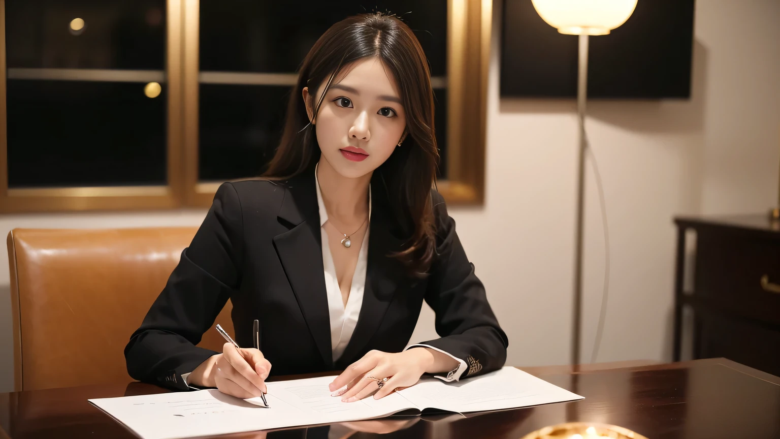 ((Highest quality、Tabletop、8k、Best image quality))、((One mature woman、She holds the most luxurious CEO position.&#39;office、Standing Elegantly、Secretary with elegant posture))、(photograph 1 枚:1.5)、(woman&#39;photograph&#39;Upper Body:1.5)、(Woman cowboy shot:1.5)、(Hair Bun、Grey suit、White Formal Blouse)、(The most luxurious and extravagant Royal VIP room、bright lighting of chandelier、The most luxurious and extravagant desk、The most luxurious and extravagant glass showcase、the most luxurious and luxurious chair、the most luxurious and luxurious carpet、The most luxurious and extravagant bookshelf、the most luxurious and luxurious curtains)、Perfect Anatomy、Beautiful Teeth、Sad smile、Detailed face、[[Big ample breasts]]