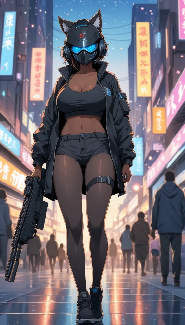 8K, RAW, best quality, ((masterpiece, best quality)), Makoto shinkai, ultra high res, colorful, (medium wide shot), full body, (dynamic perspective), sharp focus, (depth of field, bokeh:1.3), extremely detailed eyes and face, beautiful detailed eyes, looking at viewer, follow_me, follow me sign, follow me hand,
Cyberpunk High Tech Tactical Werewolf Mask Helmet Steel Wolf Clawsl dark skin Super huge breasts black sports top Cyberpunk black tights black jacket High-tech gun sci-fi city full-body shot Mature woman