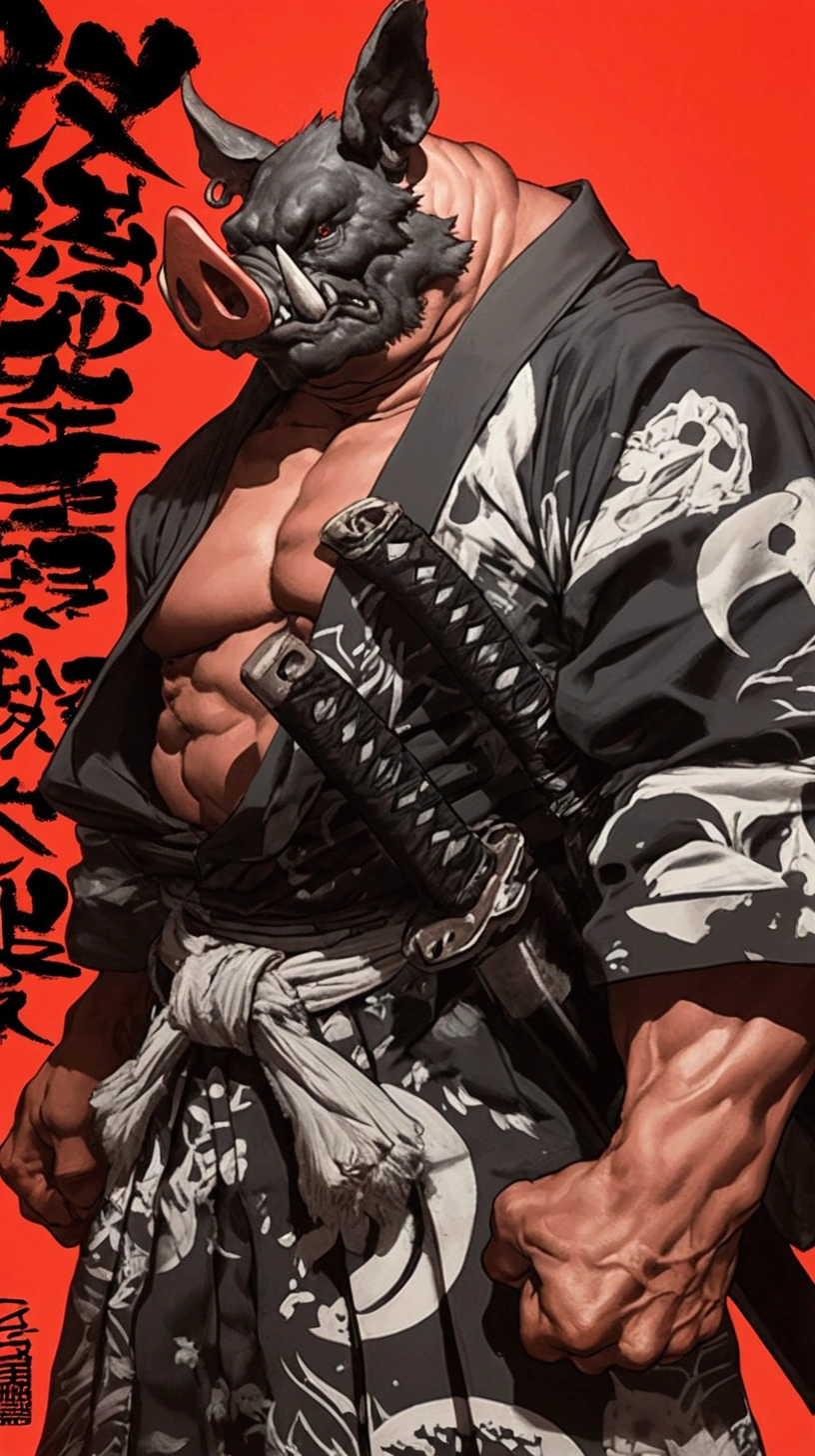 arafed image of a man-boar in a black and white print outfit holding a sword, badass anime 8 k, inspired by Kanō Hōgai, black boar samurai, samurai style, high detailed official artwork, miyamoto musashi, aerial viewyoji shinkawa, samurai man vagabond, samurai portrait, street samurai