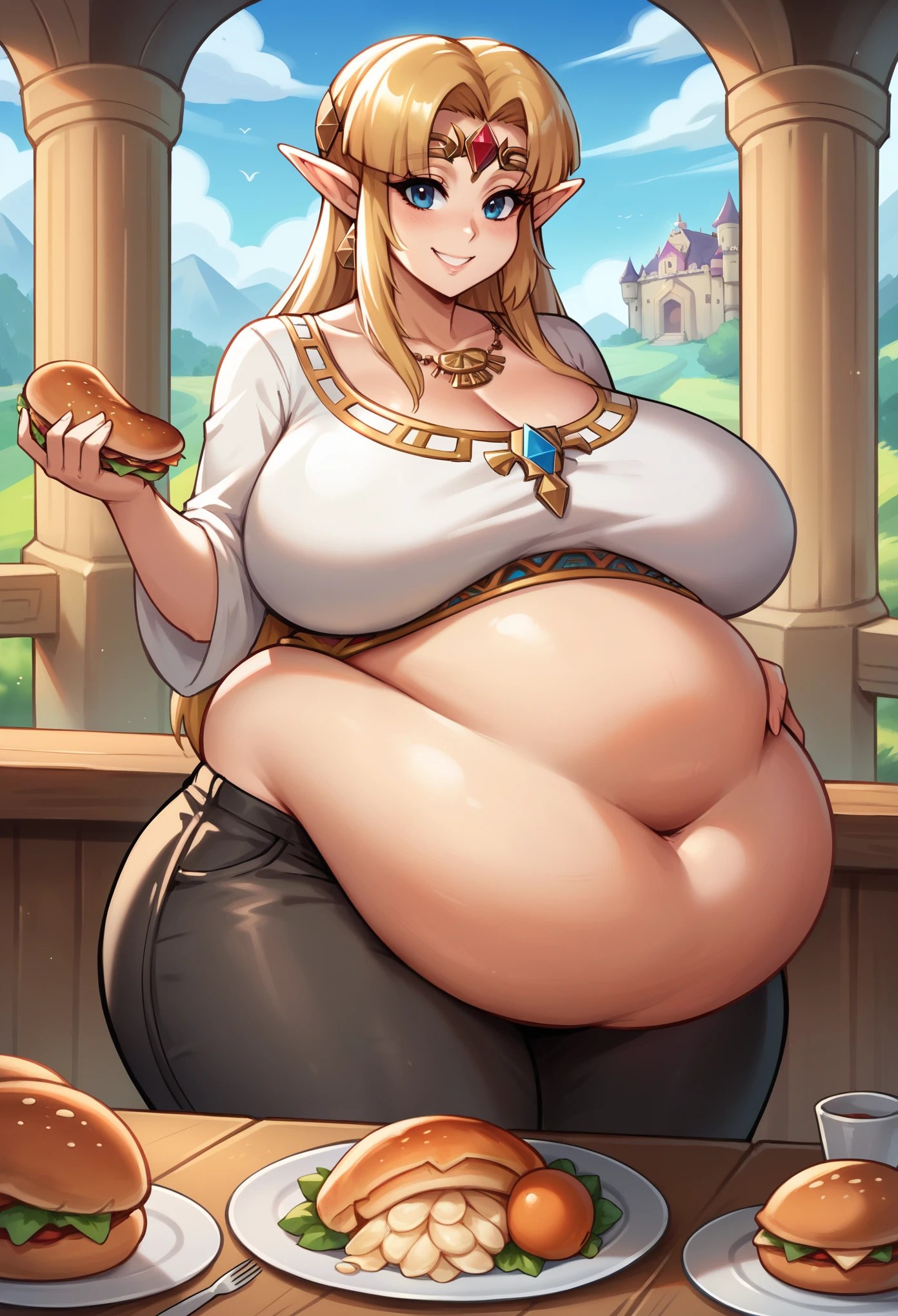 Masterpiece, best quality, high resolution,1girl,blond hair,pricess zelda, nintendo, the legend of zelda, botw,black pants, smile,sexy smile,sexy pose, castle, wooden table,food, turkey,huge breasts,huge hips,huge belly, Saggy Belly, fat belly,