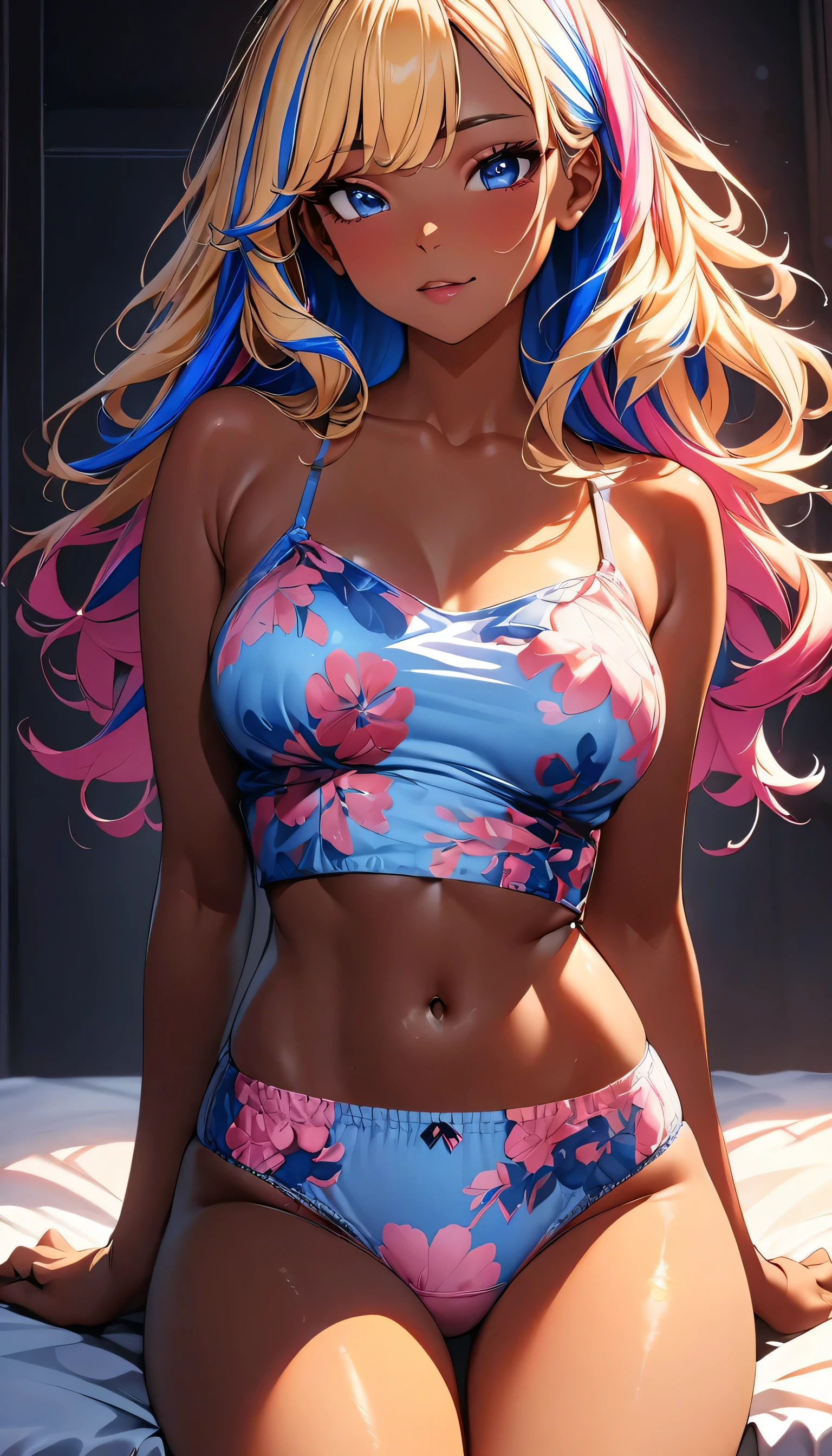 (highest quality:1.2, Very detailed, up to date, Vibrant, Ultra-high resolution, High Contrast, masterpiece:1.2, highest quality, Best aesthetics), Portraiture、girl、slim, Bright colors、Beautiful fine details、Beautiful lip detail、long hair, ((wavy hair:0.4))、messy hair, blonde and blue ((streaked hair:1.3)), highlights hair: 1.3, (medium breast:1), (tan skin:1.3), (printed camisole and cute panties:1), pink color, crop top navel:1.2, sit on bed, big window on back, excellent lighting, bright colors, clean lines, cowboy shot,