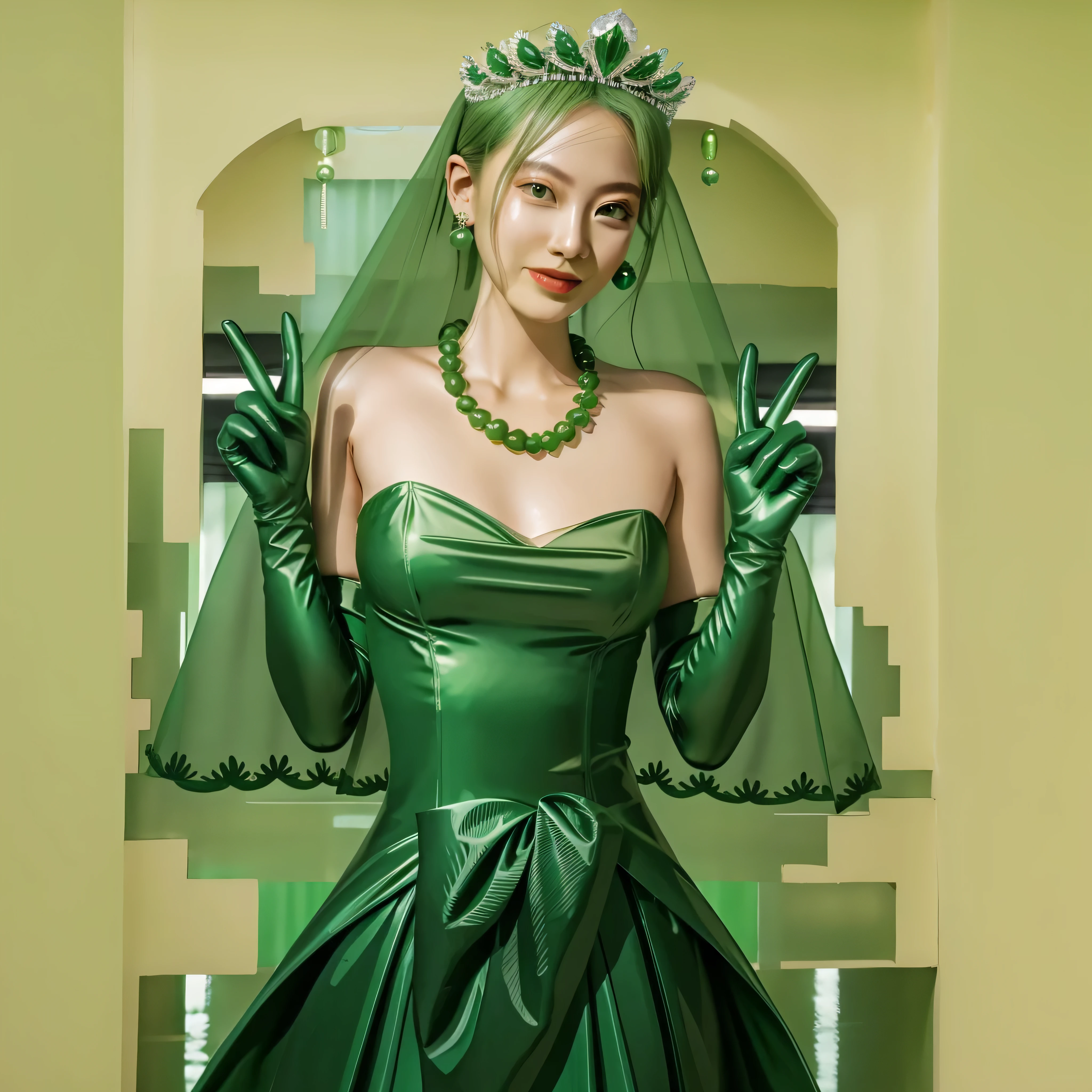 Emerald tiara, Green Pearl Necklace, Boyish very short green hair, Green Lips, Smiling Japanese woman, Very short hair, Busty beautiful lady, Green Eyes, Green satin long gloves, Green Eyes, Emerald Earrings, Green veil, all, Green Hair, Beautiful Japanese Women, green lip gloss