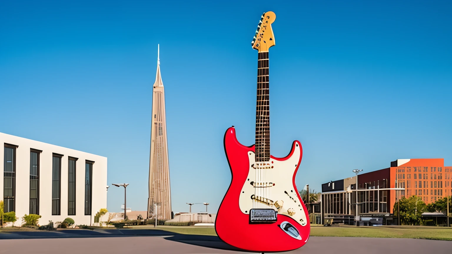 create a giant 60s fender stratocaster electric guitar that represents an era of rock and roll in a public square like a monument