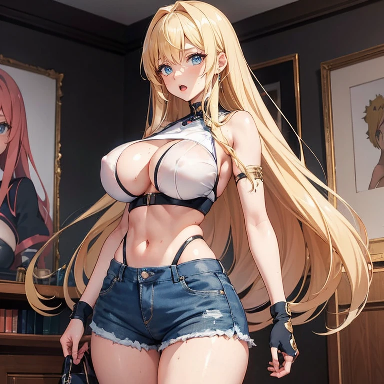 Anime Kawaii sexy Perfect Slim sensual body large breast and huge thighs, An intricate and highly detailed illustration of anime (Young girl) (work of art), best qualityer, expressive eyes, face perfect, high resolution, (8k), (face perfect), (ultra details), 1 girl, standing alone, garota terry bogard, hair blonde, hypdertailed, blue colored eyes, long hair, boné de baseball, gloves fingerless, shorts jeans, shoe, blushful, afraid, anguished, With open mouth, background of the room, we don't put, standing, portraite, looking at herself