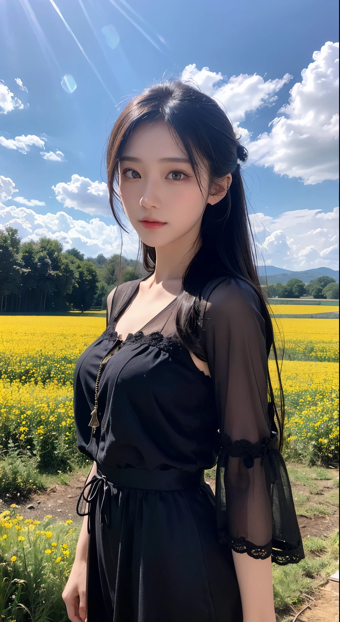 (Realisticity: 1.3), Fine, Quality, Rembrandt Lighting, (Masterpiece: 1.2), (Realisticity: 1.2), (Best Quality), (Skin Details: 1.3), (Intricate Detail), Dramatic, Idyllic, Ray Tracing, 1girl, Chinese Yellow Girl, Long Black Hair, 24 years old, Modern Clothing (Meadow, Sun, Clouds, Fields, Farms, Starlight, Trails)  