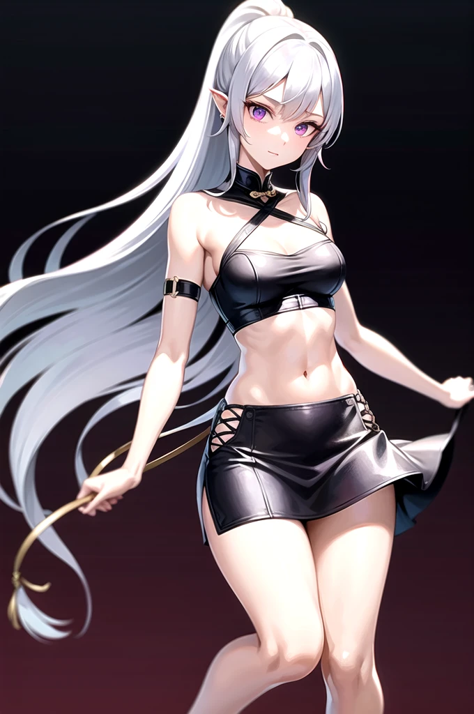 1girl, young, small, petite, extremely detailed, realistic, smooth skin, long white hair, short white crop top, short tight black skirt, belly exposed, licking lips, big cute red eyes, sharp eyes, cute face, sharp face, looking at viewer, satisfied expression, mouth open, tounge out, thick thighs, extremly huge thighs, small chest, small waist, small hips