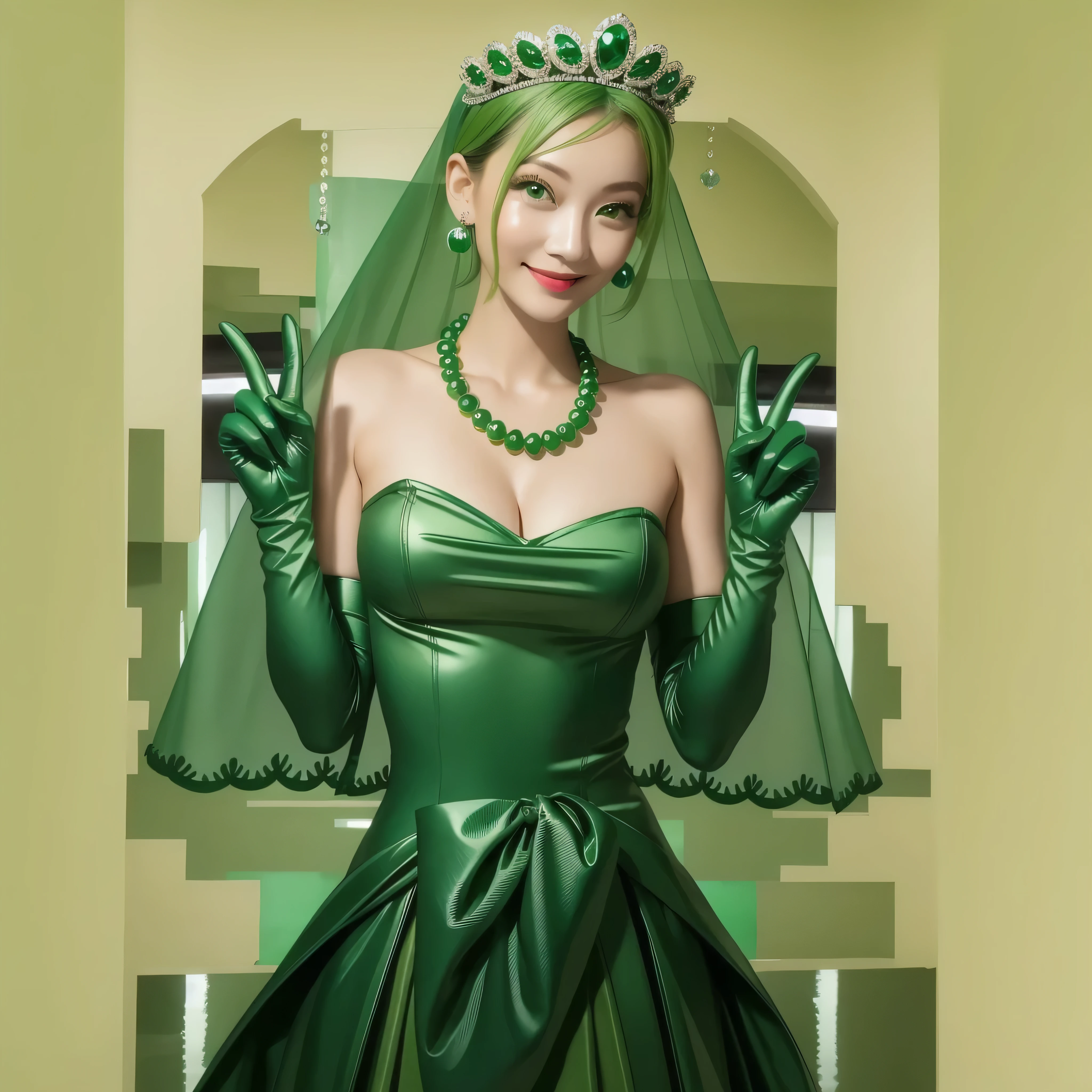 Emerald tiara, Green Pearl Necklace, Boyish very short green hair, Green Lips, Smiling Japanese woman, Very short hair, Busty beautiful lady, Green Eyes, Green satin long gloves, Green Eyes, Emerald Earrings, Green veil, all, Green Hair, Beautiful Japanese Women, green lip gloss