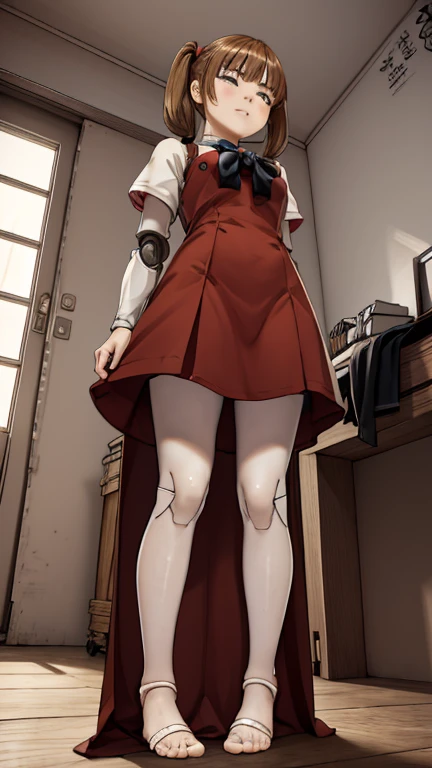 A female robot is sleeping in the bedroom, Spread your legs, Banzai pose. She is not wearing a dress. Her short brown hair is tied with two large red clothespins, She lifts the hem of her plain white dress, Lean on, masterpiece, Very short pigtails,Brown Hair, mature, Android, blue eyes, whole body像, height: 160cm, Blushed, 2020s anime images, A beautiful robot with short Brown Hair in two short pigtails held up by two very large huge red clothespins, boost mood, whole body, barefoot, Old-fashioned smile, Age 25, Sweat bucket. 