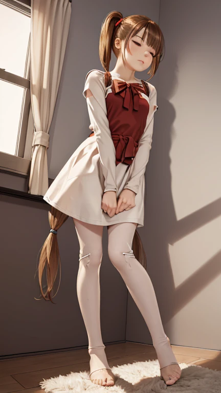 A female robot is sleeping in the bedroom, Spread your legs, Banzai pose. She is not wearing a dress. Her short brown hair is tied with two large red clothespins, She lifts the hem of her plain white dress, Lean on, masterpiece, Very short pigtails,Brown Hair, mature, Android, blue eyes, whole body像, height: 160cm, Blushed, 2020s anime images, A beautiful robot with short Brown Hair in two short pigtails held up by two very large huge red clothespins, boost mood, whole body, barefoot, Old-fashioned smile, Age 25, Sweat bucket. 