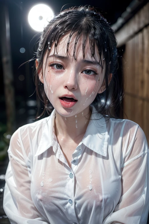 high quality, detailed,a girl with white water drops on her face.bathe in white water,lots of white water droplets.(at night:2.0),green eyes.she is  japanese bitch gal,prostitute,she has a mole under her eye,(smallest breasts),(wearing long sleeve white oversized business shirt dress ,very very wet thin fabric shirt,and (wearing a plaid tie)),blunt bangs,((bun hair,very wet hair and wet face,shiny face)),slender,face up,nipples,temptation

((she is facing directly upwards:1.5))


(((she opens her mouth very very wide and closes her eyes:1.2,tounge out)she looks very very painful and her cheeks are very red))((In a very dark back alley))