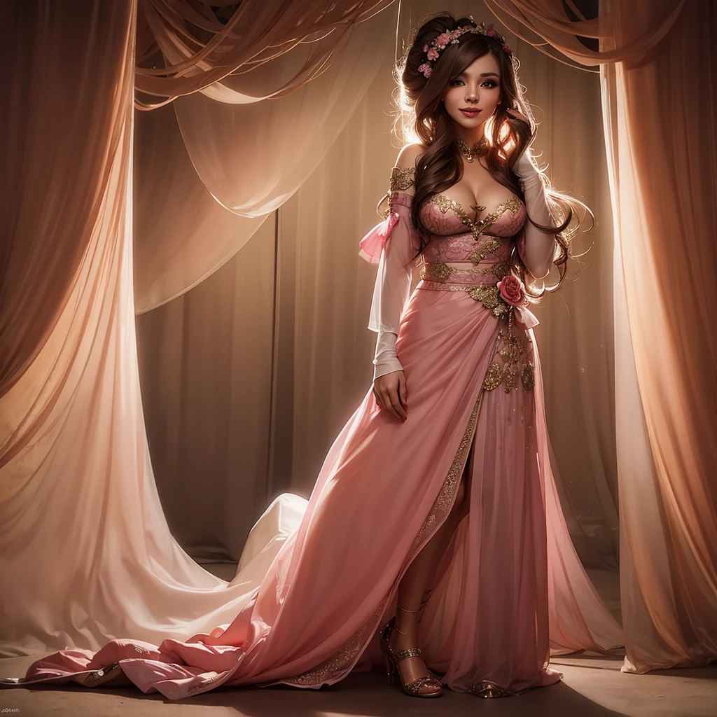 full body photo,a light brown pinned up haired female who is wearing a pink very sexy floral translucent long skirt is bound, black gloves,,flirty smile,sexy look,,closed eyesin the silk tent,curtains,bondage