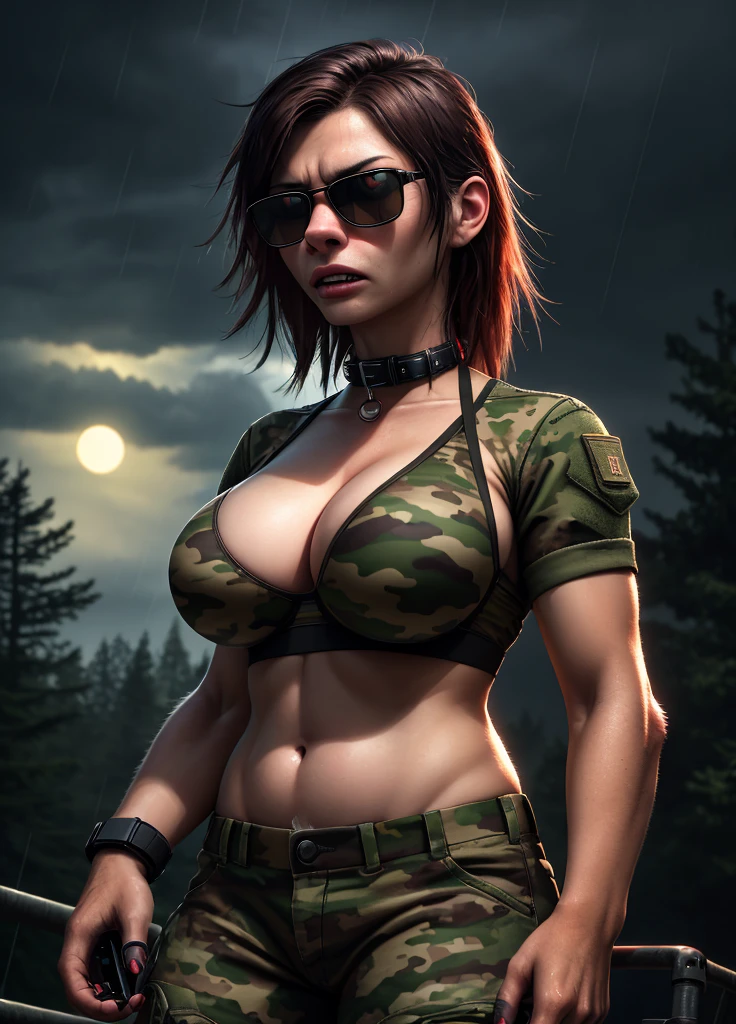 moon, Gothic, military, excessively large breasts, camouflage bra, camouflage pants, Heavy rain and thunderstorms, dark sunglasses in the dark, detailed fur, pointed collar, the forest (Best quality, 4K, 8 K, a high resolution, masterpiece:1.2), ultra detailed, (realistic, photorealistic, photo-realistic:1.37), HDR, uhd, studio lighting, ultra fine painting, Sharp Focus, physically based rendering, very detailed description, professional, bright colors, bokeh portraits, Horror, anime, concept artists, cool palette of tones, dramatic lighting