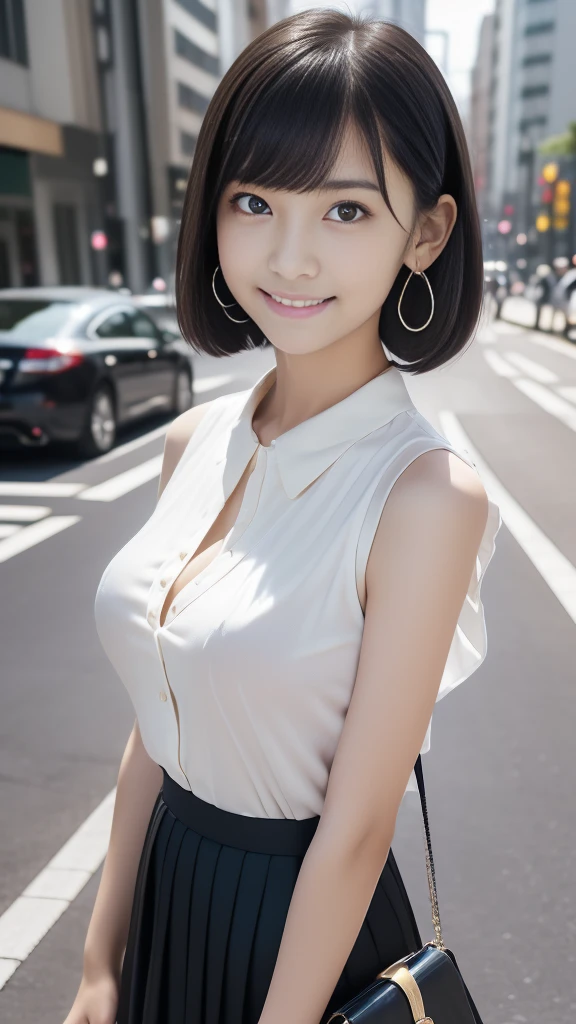 (masterpiece, Highest quality, RAW Photos, Surrealism, 8k, Very detailed, so beautiful), 
(Anatomically correct, The perfect human body, Silky skin, Realistic Skin, country, ************, Japanese Girls, Bored face, Narrow waist, Thin legs, Large Breasts, Baby Face, beautiful and cute face), 
(Round face, Black Hair, Watery eyes, Shining Eyes, Short Bob Cut, bangs, Lowered eyebrows, Small earrings, A slight blush), 
(Turn your body forward), (View your viewers), 
(Smile of the Goddess), 
(Long vest, Long skirt, Luxury Business Bags)
(Morning work time, City Sidewalk, Tokyo, Luxury Buildings, Most pedestrians), 
Natural light, full length, whole body, Angle from below