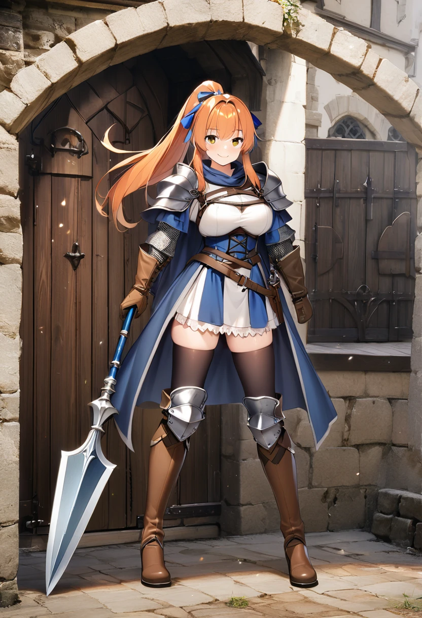 1girl, solo, shield, weapon, thighhighs, polearm, gloves, boots, long-hair, (((Medieval-background))), armor, brown-gloves, ponytail, orange-hair, full-body spear, ribbon, holding, simple-background, holding-weapon, looking-at-viewer, hair-ribbon, black-thighhighs, brown-footwear, smile, brown-eyes, shirt, yellow-eyes, standing, shorts, knee-pads, blue-ribbon, belt, shoulder-armor, white-shirt, vest, approximate image, ((big boobs) 1.1)
