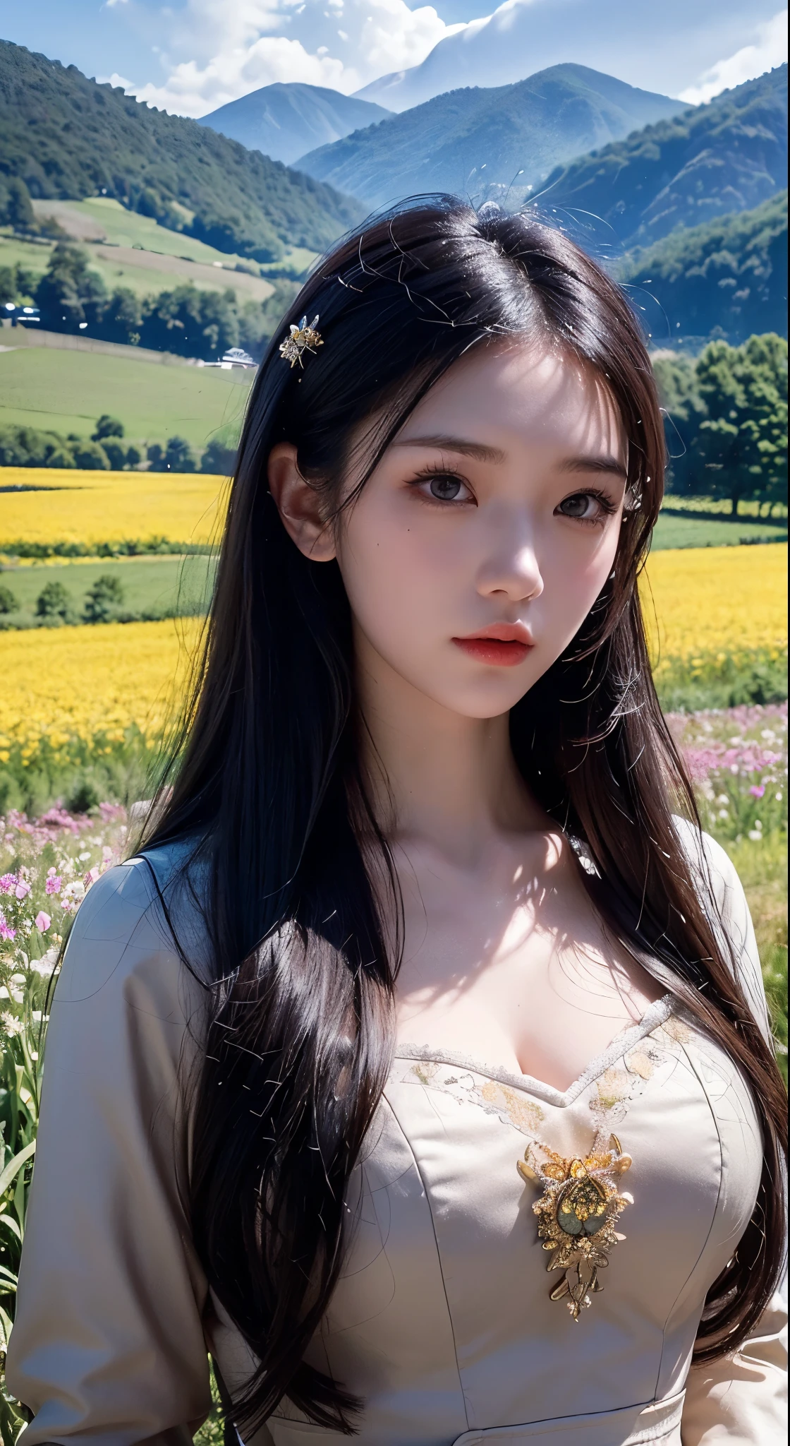 (Realisticity: 1.3), Fine, Quality, Rembrandt Lighting, (Masterpiece: 1.2), (Realisticity: 1.2), (Best Quality), (Skin Details: 1.3), (Intricate Detail), Dramatic, Idyllic, Ray Tracing, 1girl, Chinese Yellow Girl, Long Black Hair, 24 years old, Modern Clothing (Meadow, Sun, Clouds, Fields, Farms, Starlight, Trails)  