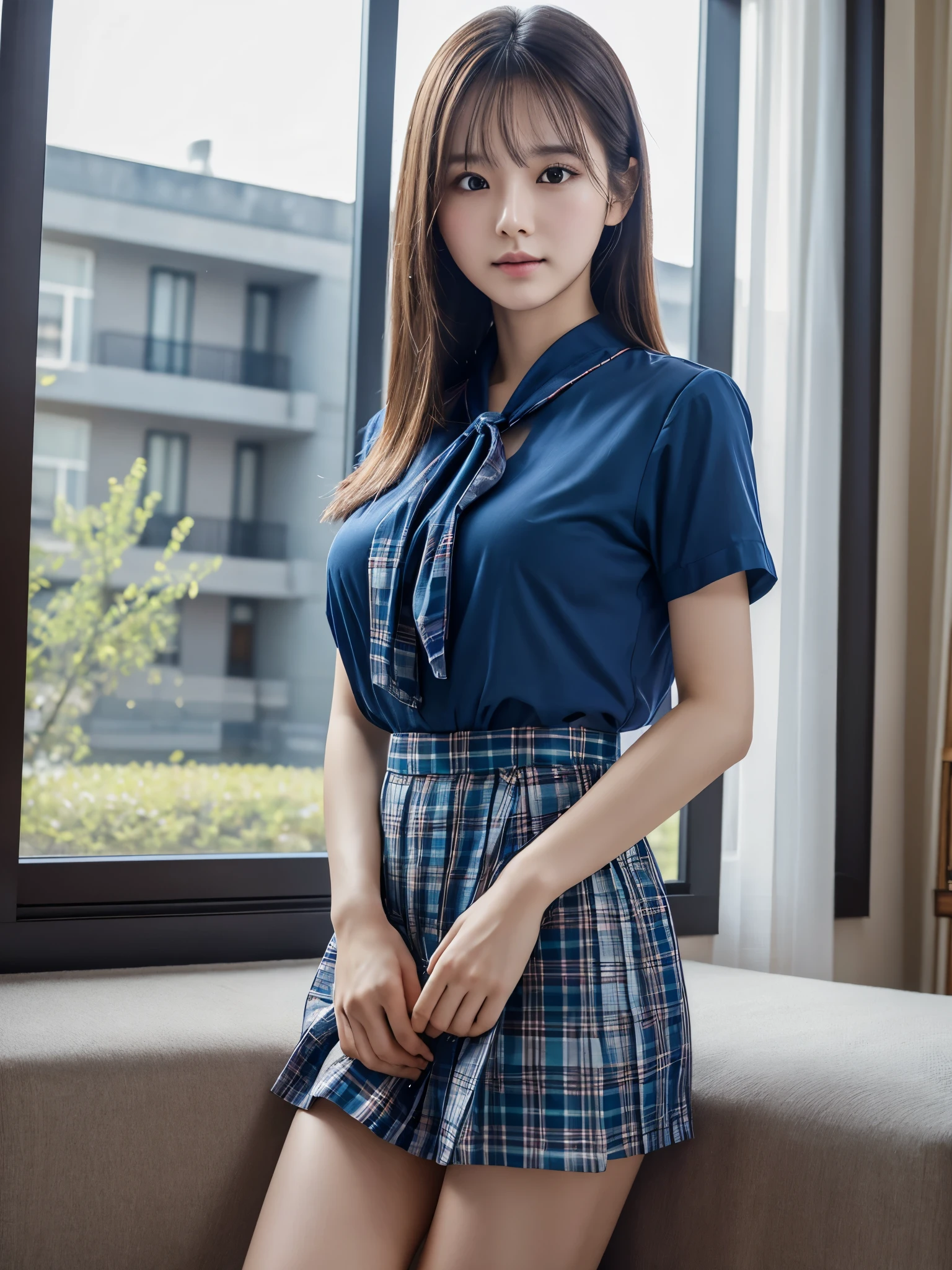 8k, Raw photo, Highest quality, masterpiece:1.2), masterpiece, Highest quality, figure, Very detailed, Fine details, High resolution, 8k,wallpaper, Perfect dynamic composition,(Detailed high quality, Realistic depiction of eyes:1.3)、A woman who has been kidnapped and has her hands tied、Arms wrapped around his back, hands tie behind back, Inside a beautiful hotel room at night、Crouching、Outside the window is a night view、 With legs wide open、White panties are visible、Blue Short Sleeve Blouse、Tartan plaid pleated skirt、whole body、The whole thing faces forward、21 years old、I am a TV personality.、Beauty、Well-formed face、Make your eyes even、Beautiful black hair、Has bangedium build、Well-balanced proportions、Beautiful legs、Fresh face、Beautiful scenery、Viewers gaze forward