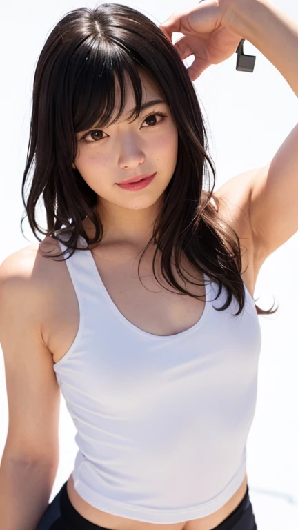 Highest quality, Realistic, 8k, High resolution, One girl, woman, (Skin Dentition), (Portraiture:0.6), nice, ((White Background, Sports tank top, Small breasts:1.65)), (Long brown hair, Parted bangs:1.4), View your viewers,  (One girl eyes View your viewers:1.6), Realistic, (Bokeh), (Mouth closed, smile:1.3), nice, Pure Eros Face_v1:1, 