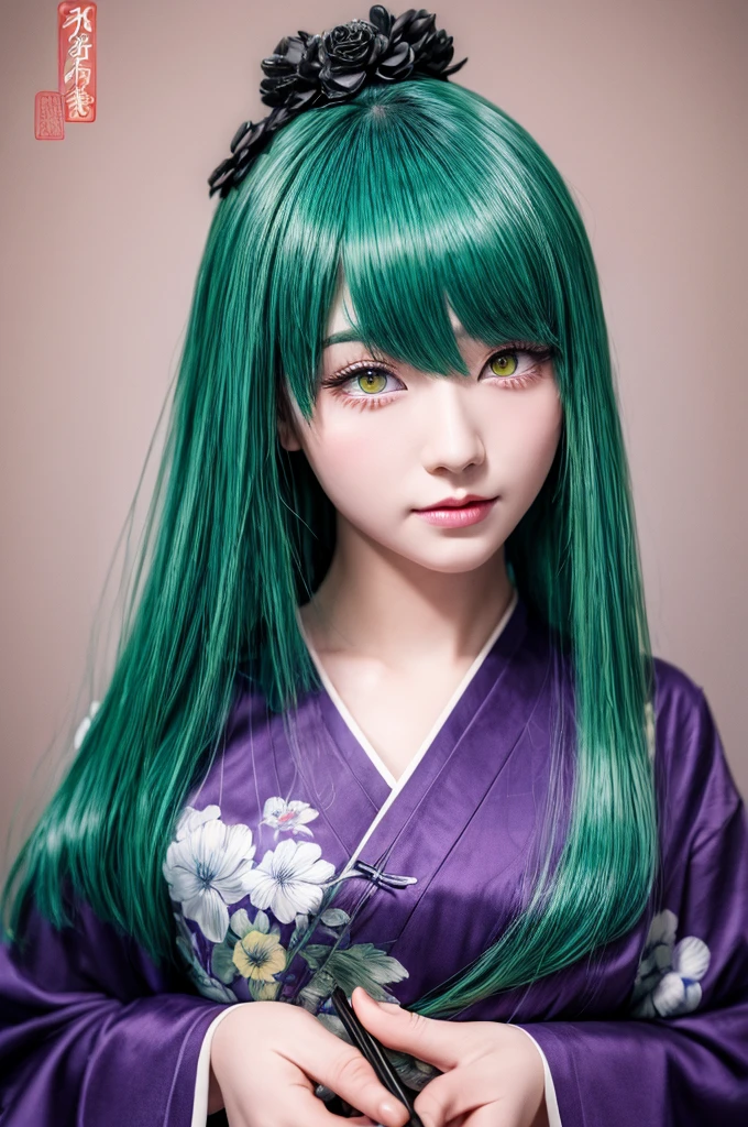 (masterpiece, Highest quality: 1.2), Traditional Chinese Ink Painting, Blue-green hair, Purple eyes,