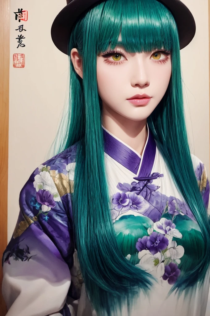 (masterpiece, Highest quality: 1.2), Traditional Chinese Ink Painting, Blue-green hair, Purple eyes,