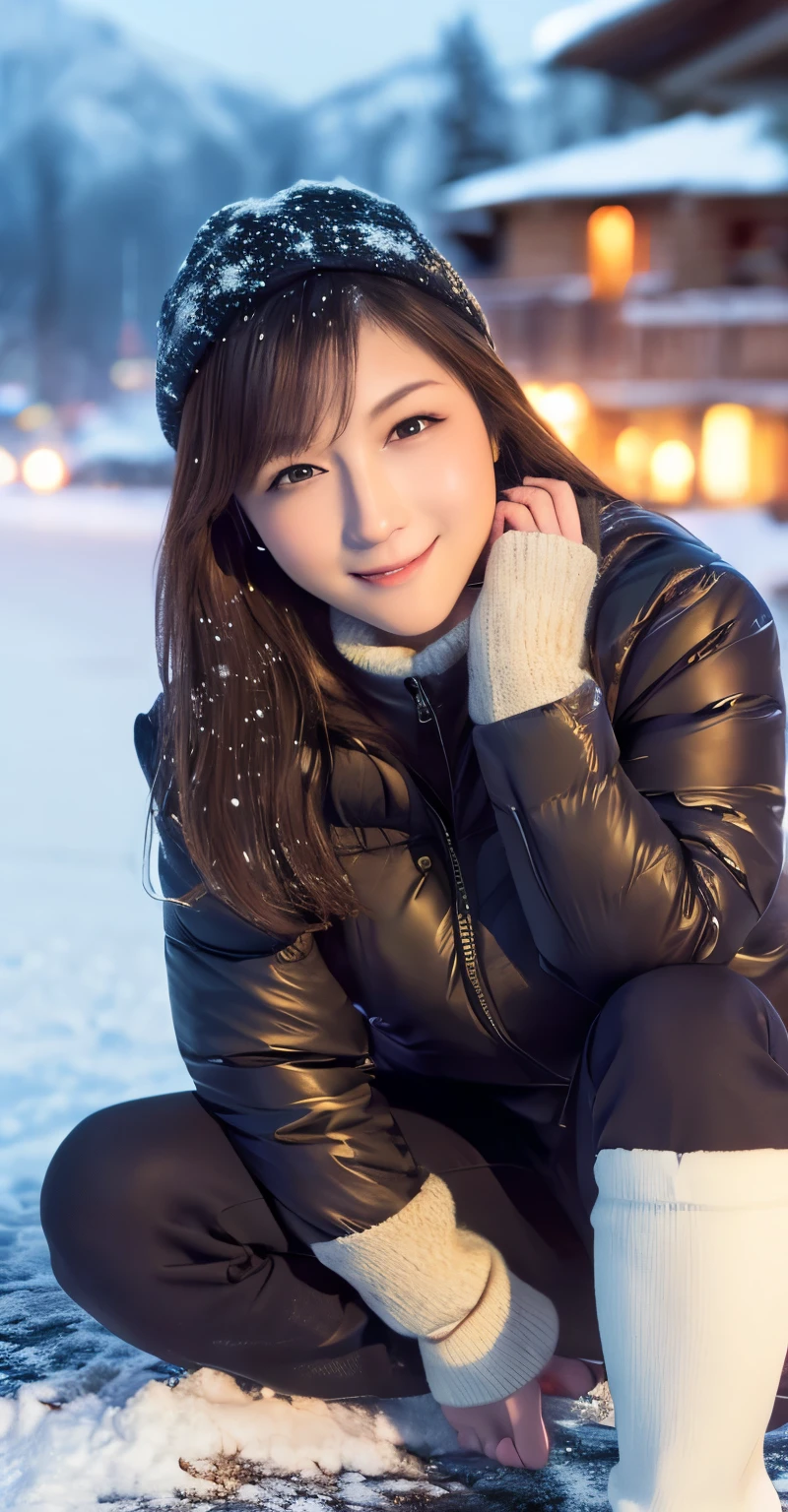 1girl in, (wear a white ski wear:1.2), (Raw photo, Best Quality), (Realistic, Photorealsitic:1.4), masutepiece, ((knee high shot)), Extremely delicate and beautiful, Extremely detailed, 2k wallpaper, amazing, finely detail, the Extremely Detailed CG Unity 8K Wallpapers, Ultra-detailed, hight resolution, Soft light, Beautiful detailed girl, extremely detailed eye and face, beautiful detailed nose, Beautiful detailed eyes, Cinematic lighting, Illuminations coloring the city on a snowy night, Snowy landscape, It's snowing, There&#39;s snow in my hair, Perfect Anatomy, Slender body, Taut, 
Straight semi-long hair, Bangs, Looking at Viewer, A slight smil