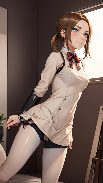 A female robot is sleeping in the bedroom, Spread your legs, Banzai pose. She is not wearing a dress. Her short brown hair is tied with two large red clothespins, She lifts the hem of her plain white dress, Lean on, masterpiece, Very short pigtails,Brown Hair, mature, Android, blue eyes, whole body像, height: 160cm, Blushed, 2020s anime images, A beautiful robot with short Brown Hair in two short pigtails held up by two very large huge red clothespins, boost mood, whole body, barefoot, Old-fashioned smile, Age 25, Sweat bucket.