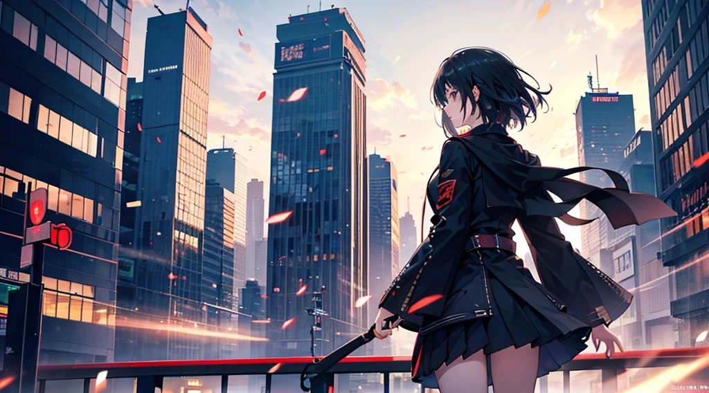 In the city of shibuya,skyscrapers pierce the sky, The main subject of this image is a lone girl standing on the center of countless buildings, their backview stark against In strong sunlight and headwind. The image is rendered in exquisite detail, each shadow and highlight expertly crafted to create a sense of depth and movementl, showcasing the intricacies of the cityscape in front. The girl is cloaked in a school style, exudes a sense of fighting spirits. The scene drawing the viewer strengthen the soul.