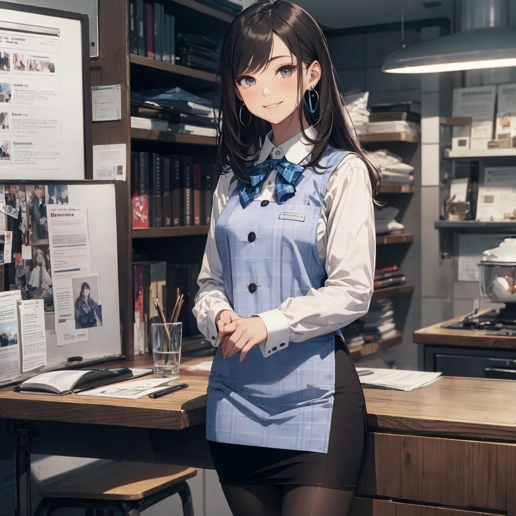 (Best Quality, Masterpiece),Wearing a pink plaid vest, White short sleeved shirt, Gray pencil skirt, Wear stiletto heels, Necklace, earrings, Cute face, Smile, Blushing, Shyness, Glass wall, Ultra Detail, Realistic, Front view, Whole body, stunning, cute, warm smile, hourglass figure, apron, text, chart, advertising, magazine title(Best Quality, Masterpiece), Mag((((1ladyl,)))) (masterpiece), (realistic), (best quality), (ultra-detailed), (wearing in [[white and gray check pattern]] Vest worn over white collared long-sleeved shirt:1.4), (gray vest with buttons:1.2), (Pink Theme:1.2), (blue ribbon ribbon:1.3), (Black theme:1.4), (Tight black pencil skirt:1.5), ((Brown pantyhose)), (high-heels:1.1),longskirt,office desk, office chair,Lulubre Unity 8K Wallpaper, pantyshot, long brown hair, office lady Magazine Cover, 1girl,  amazing, girl, 30 years old, house wiife, warm smile, hourglass figure, text, chart, advertising, magazine title