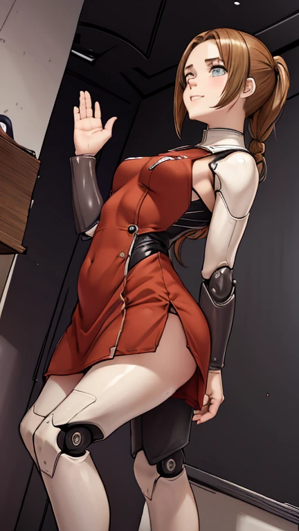 A female robot is sleeping in the bedroom, Spread your legs, Banzai pose. She is not wearing a dress. Her short brown hair is tied with two large red clothespins, She lifts the hem of her plain white dress, Lean on, masterpiece, Very short pigtails,Brown Hair, mature, Android, blue eyes, whole body像, height: 160cm, Blushed, 2020s anime images, A beautiful robot with short Brown Hair in two short pigtails held up by two very large huge red clothespins, boost mood, whole body, barefoot, Old-fashioned smile, Age 25, Sweat bucket.