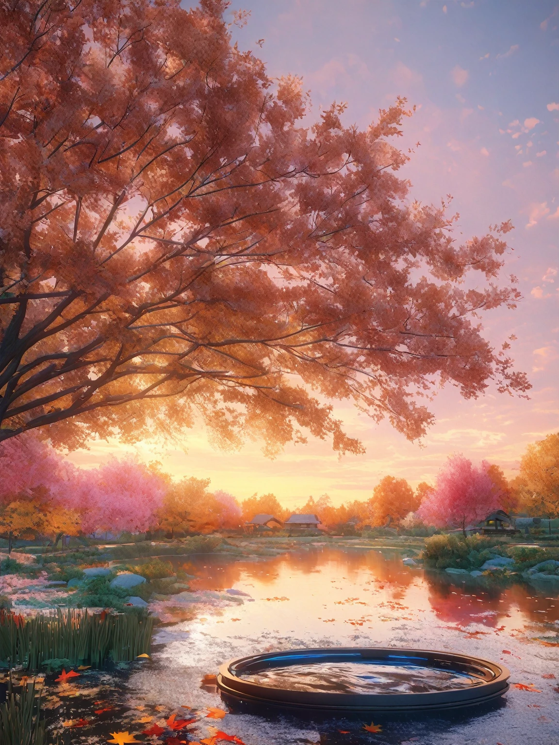 DIY16,best quality, Ultra HD, masterpieces, 8K, Practical, Anime style, 3D Rendering,(Pond in the evening:1.2), (8K, best quality, masterpiece:1.2), (Ultra-high resolution:1.0), Extremely bright design, Soft colors, (ink:1.3), Autumn Lights, High Detail, dramatic, photoPractical painting art