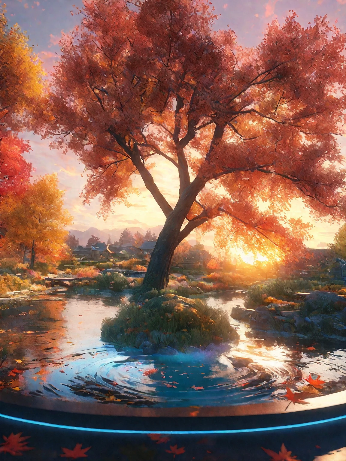 DIY16，best quality, Ultra HD, masterpieces, 8K, Practical, Anime style, 3D Rendering，(Pond in the evening:1.2), (8K, best quality, masterpiece:1.2), (Ultra-high resolution:1.0), Extremely bright design, Soft colors, (ink:1.3), Autumn Lights, High Detail, dramatic, photoPractical painting art
