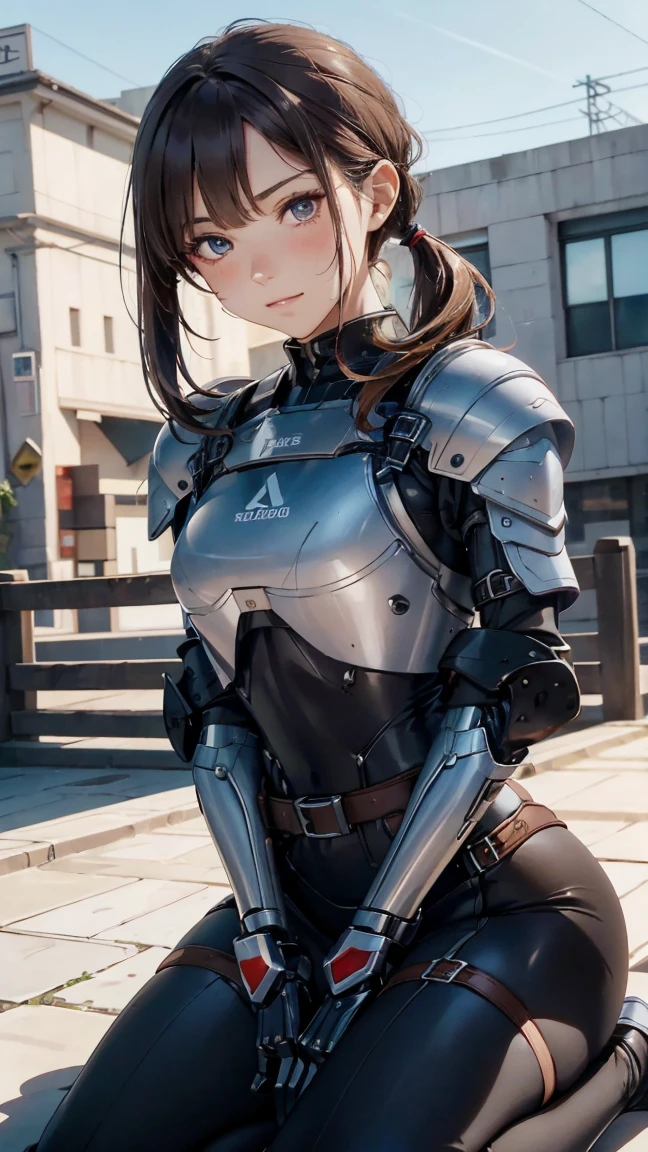 (Highest quality,4K,8k,High resolution,masterpiece:1.2),Super detailed,(Realistic,photoRealistic,photo-Realistic:1.37), A Japanese female fighter with a slim build and small face, cute, 1 girl, 18-year-old, Kneeling pose, Black super short hair, A tight-fitting combat suit in shiny black with a patent leather finish, Tight suit, gloves, Steel City Background, night lighting, Look at the viewers, A female robot is sleeping in the bedroom, Spread your legs, Banzai pose. She is not wearing a dress. Her short brown hair is tied with two large red clothespins, She lifts the hem of her plain white dress, Lean on, masterpiece, Very short pigtails,Brown Hair, mature, Android, blue eyes, whole body像, height: 160cm, Blushed, 2020s anime images, A beautiful robot with short Brown Hair in two short pigtails held up by two very large huge red clothespins, boost mood, whole body, barefoot, Old-fashioned smile, Age 25, Sweat bucket.