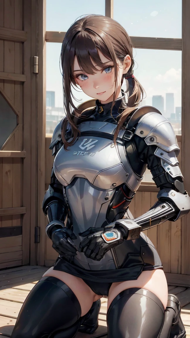 (Highest quality,4K,8k,High resolution,masterpiece:1.2),Super detailed,(Realistic,photoRealistic,photo-Realistic:1.37), A Japanese female fighter with a slim build and small face, cute, 1 girl, 18-year-old, Kneeling pose, Black super short hair, A tight-fitting combat suit in shiny black with a patent leather finish, Tight suit, gloves, Steel City Background, night lighting, Look at the viewers, A female robot is sleeping in the bedroom, Spread your legs, Banzai pose. She is not wearing a dress. Her short brown hair is tied with two large red clothespins, She lifts the hem of her plain white dress, Lean on, masterpiece, Very short pigtails,Brown Hair, mature, Android, blue eyes, whole body像, height: 160cm, Blushed, 2020s anime images, A beautiful robot with short Brown Hair in two short pigtails held up by two very large huge red clothespins, boost mood, whole body, barefoot, Old-fashioned smile, Age 25, Sweat bucket.