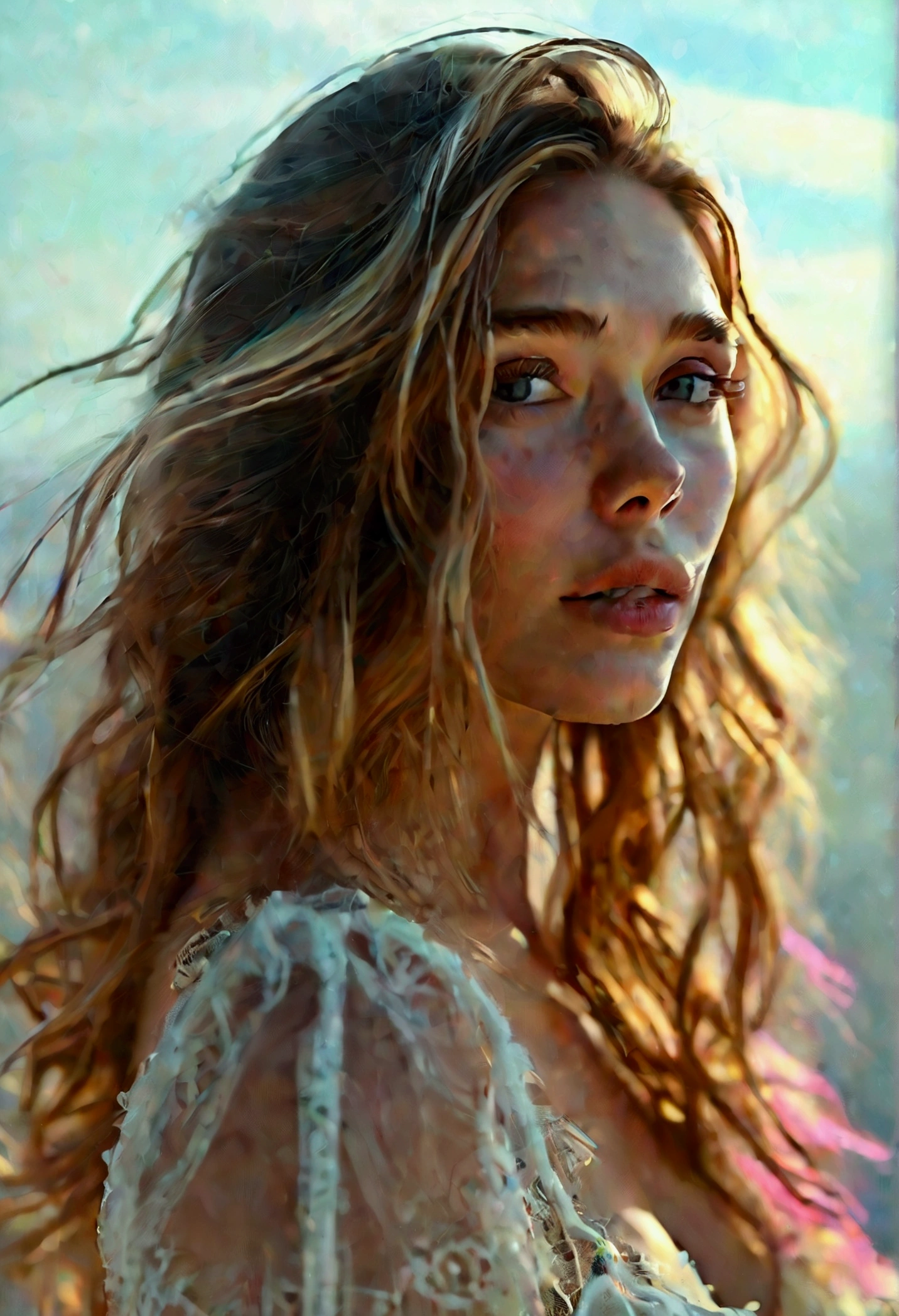 (style raw, work of art, best qualityer, ultra detali), age 28, Elizabeth Olsen posting outdoors, large breasted, beautiful night, happily and happily, clear sky, analog style, (texture skin, film grain), cinematic light, side lighting, ultra high resolution