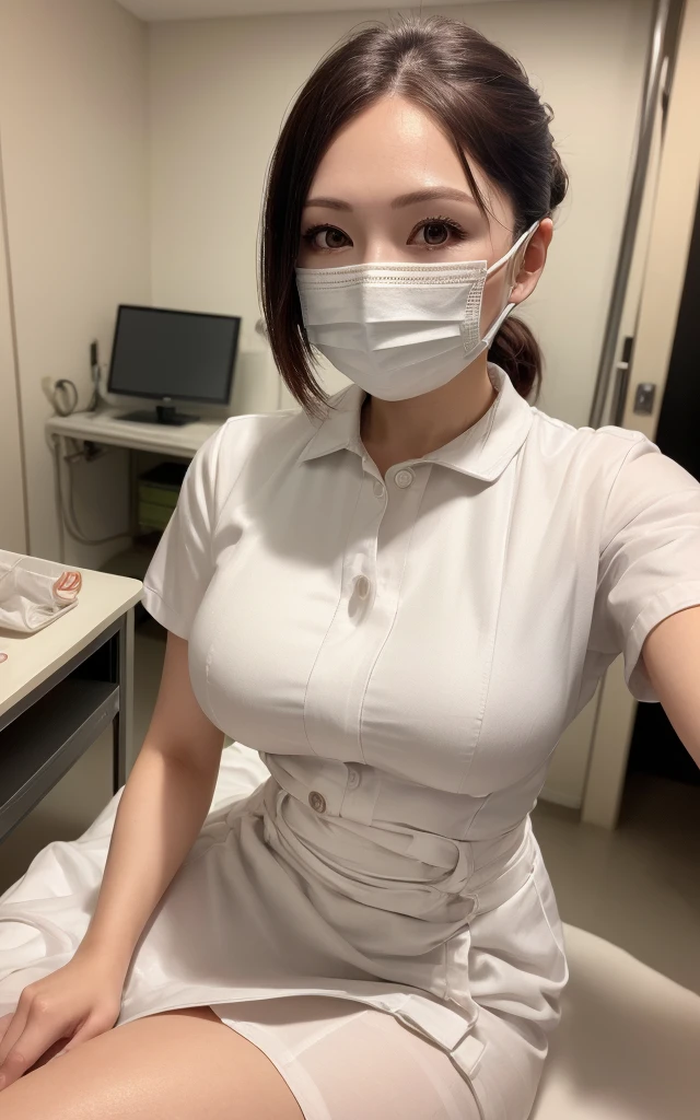 1 girl,(Wearing white nurse clothes:1.2),(RAW Photos, Highest quality), (Realistic, photo-Realistic:1.4), masterpiece, Very delicate and beautiful, Very detailed, 2k wallpaper, wonderful, finely, Very detailed CG unity 8k wallpaper, Very detailedな, High resolution, Soft Light, Beautiful detailed girl, Very detailed eyes and face, Beautiful and detailed nose, finely beautiful eyes, nurse, Perfect Anatomy, Black Hair, Low ponytail style, nurse uniform, ((mask)), Long skirt, nurse, White costume, thin, hospital, clear, White Uniform, hospital room, Bobcut, Big Breasts