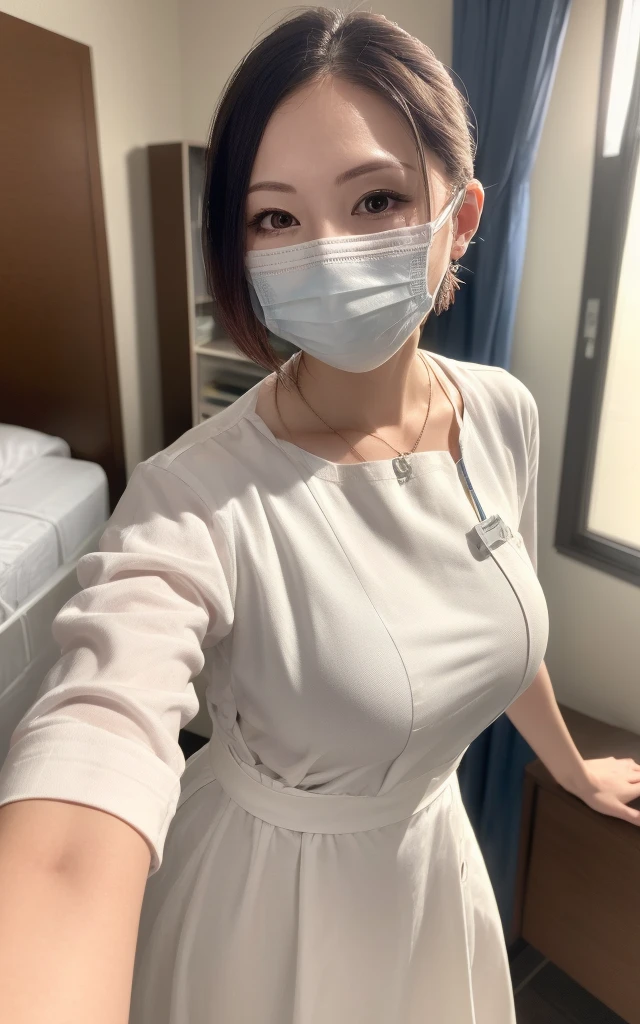 1 girl,(Wearing white nurse clothes:1.2),(RAW Photos, Highest quality), (Realistic, photo-Realistic:1.4), masterpiece, Very delicate and beautiful, Very detailed, 2k wallpaper, wonderful, finely, Very detailed CG unity 8k wallpaper, Very detailedな, High resolution, Soft Light, Beautiful detailed girl, Very detailed eyes and face, Beautiful and detailed nose, finely beautiful eyes, nurse, Perfect Anatomy, Black Hair, Low ponytail style, nurse uniform, ((mask)), Long skirt, nurse, White costume, thin, hospital, clear, White Uniform, hospital room, Bobcut, Big Breasts