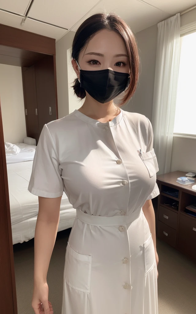 1 girl,(Wearing white nurse clothes:1.2),(RAW Photos, Highest quality), (Realistic, photo-Realistic:1.4), masterpiece, Very delicate and beautiful, Very detailed, 2k wallpaper, wonderful, finely, Very detailed CG unity 8k wallpaper, Very detailedな, High resolution, Soft Light, Beautiful detailed girl, Very detailed eyes and face, Beautiful and detailed nose, finely beautiful eyes, nurse, Perfect Anatomy, Black Hair, Low ponytail style, nurse uniform, ((mask)), Long skirt, nurse, White costume, thin, hospital, clear, White Uniform, hospital room, Bobcut, Big Breasts