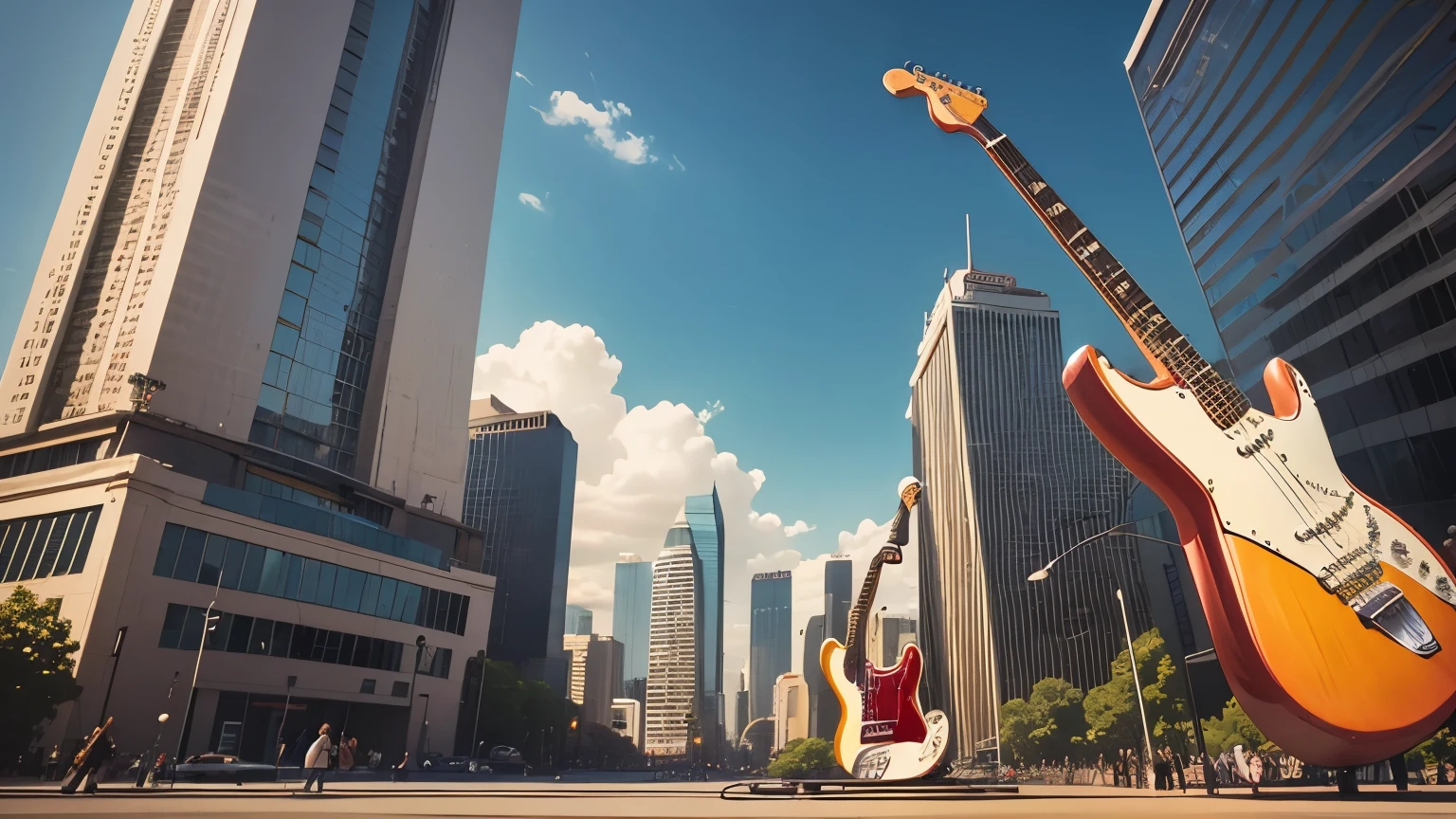 create a giant 60s fender stratocaster electric guitar that represents an era of rock and roll in a public square like a monument