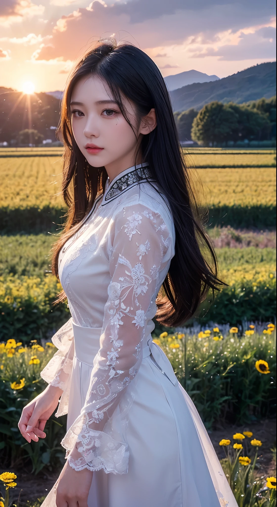 (Realisticity: 1.3), Fine, Quality, Rembrandt Lighting, (Masterpiece: 1.2), (Realisticity: 1.2), (Best Quality), (Skin Details: 1.3), (Intricate Detail), Dramatic, Idyllic, Ray Tracing, 1girl, Chinese Yellow Girl, Long Black Hair, 24 years old, Modern Clothing (Meadow, Sun, Clouds, Fields, Farms, Starlight, Trails)  