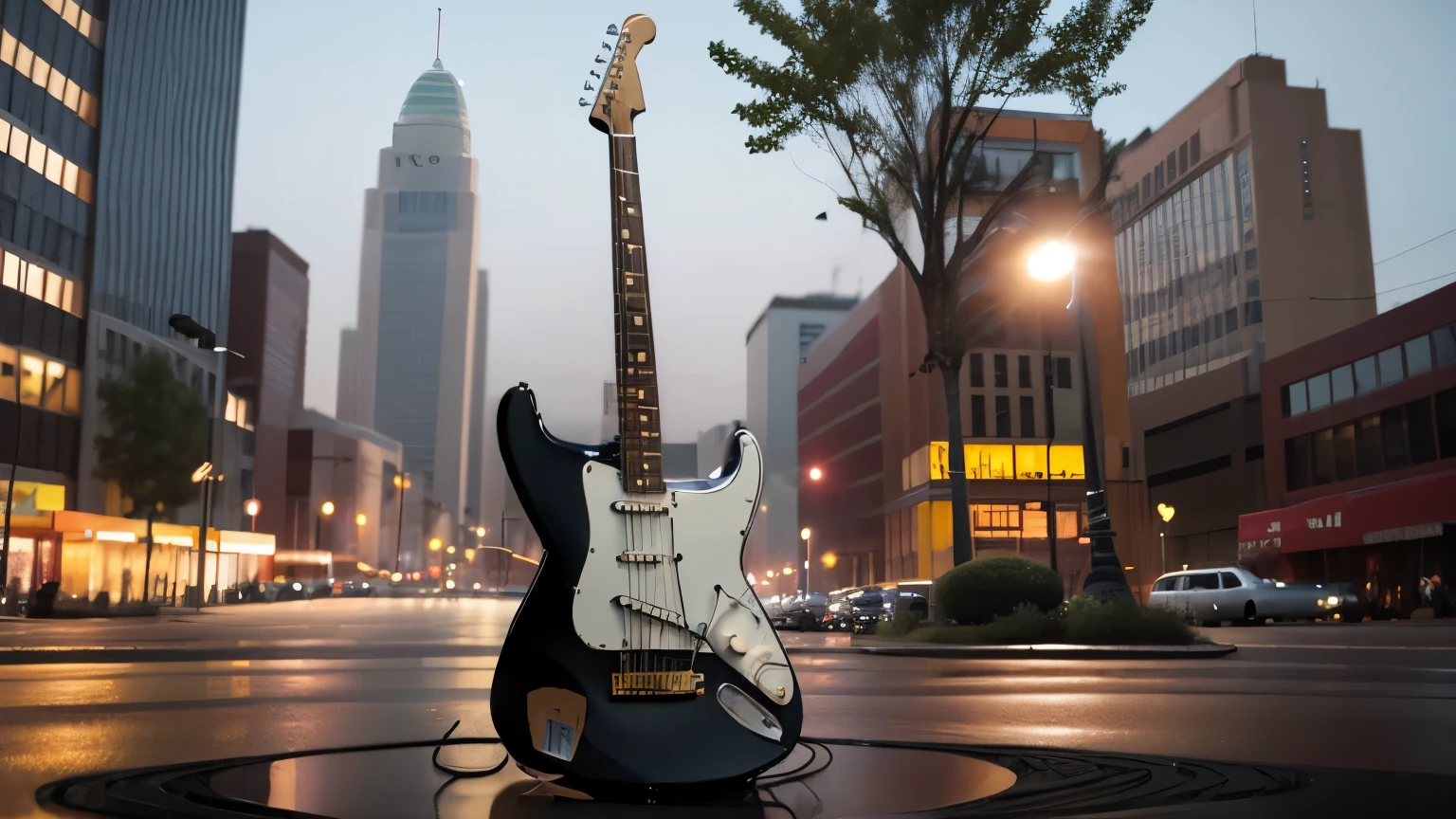 create a giant 60s fender stratocaster electric guitar that represents an era of rock and roll in a public square like a monument