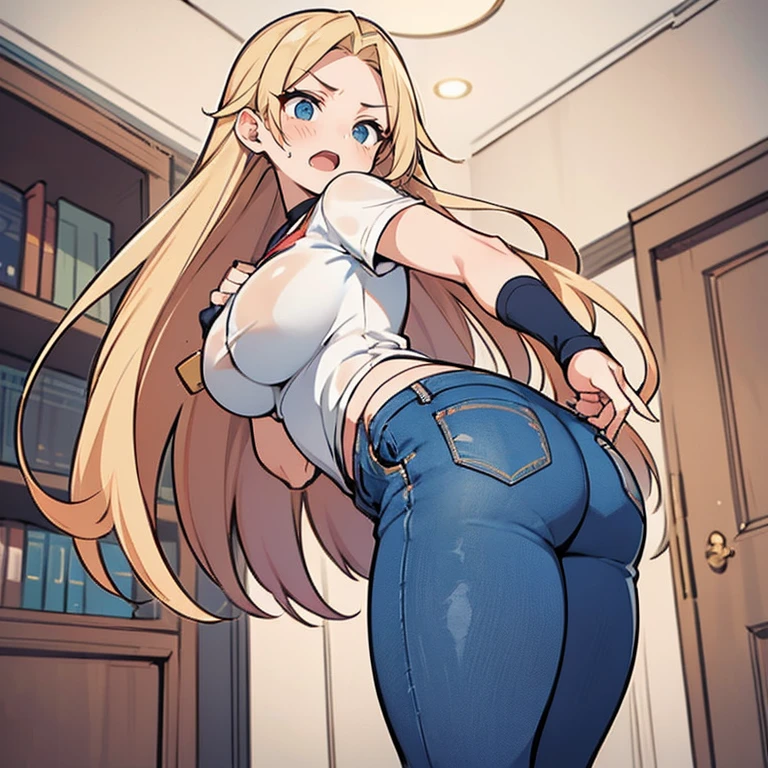 Anime Kawaii sexy Perfect Slim sensual body large breast and huge thighs, An intricate and highly detailed illustration of anime (Young girl) (work of art), best qualityer, expressive eyes, face perfect, high resolution, (8k), (face perfect), (ultra details), 1 girl, standing alone, garota terry bogard, hair blonde, hypdertailed, blue colored eyes, long hair, boné de baseball, gloves fingerless, shorts jeans, shoe, blushful, afraid, anguished, With open mouth, background of the room, we don't put, standing, portraite, looking at herself